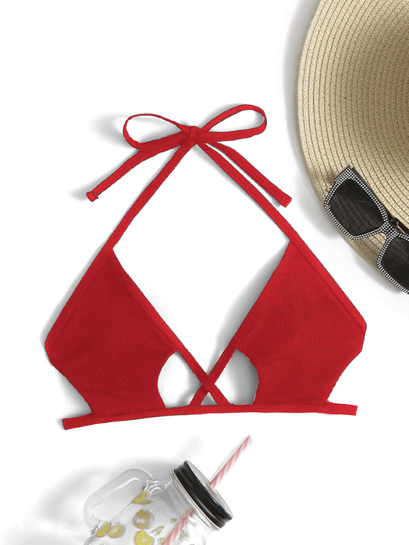 JoyPoem Women's Cut Out Tie Knot Halter Swimwear Triangle Bikini Top - Image 3