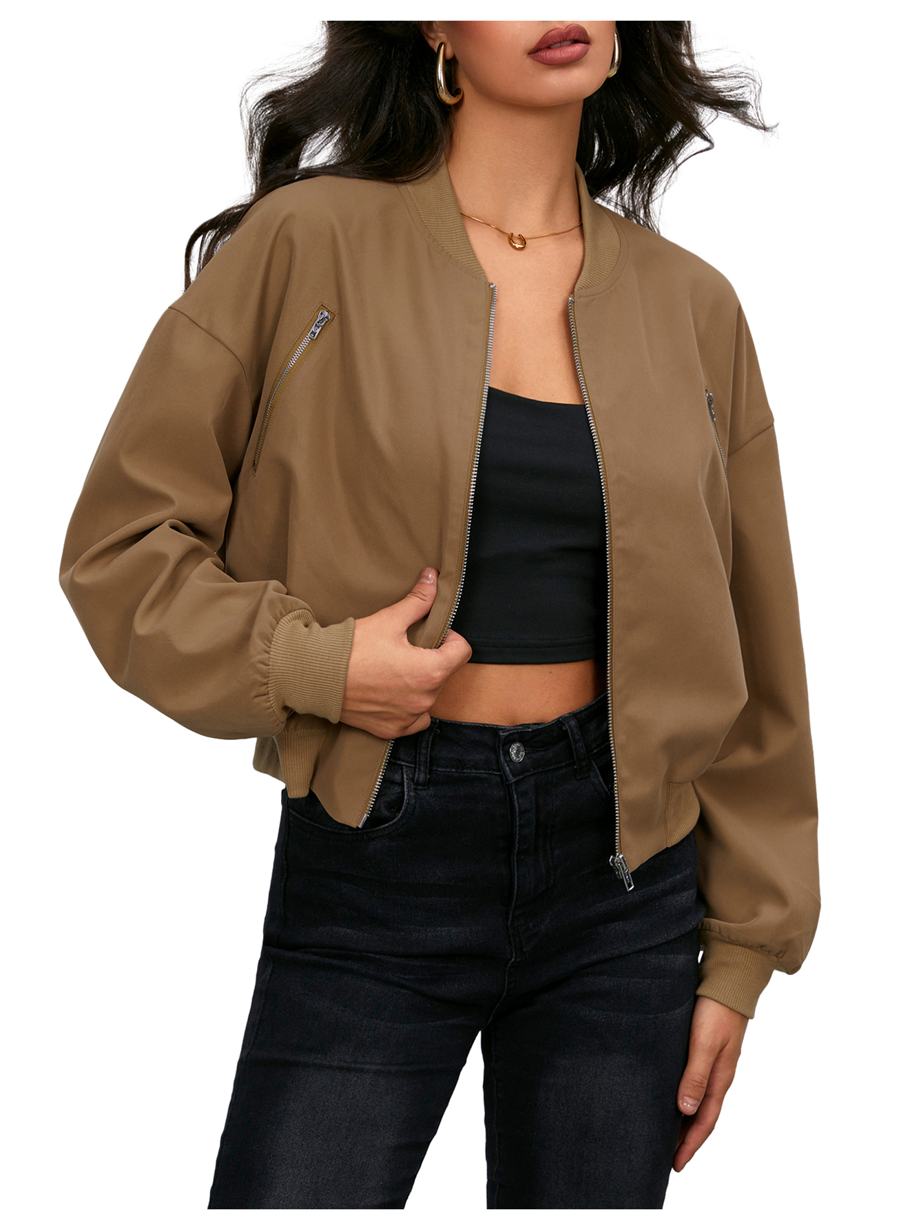 JoyPoem Women's Cropped Bomber Jackets Casual Lightweight Jacket Zip Up Long Sleeve Coat Fall Jacket