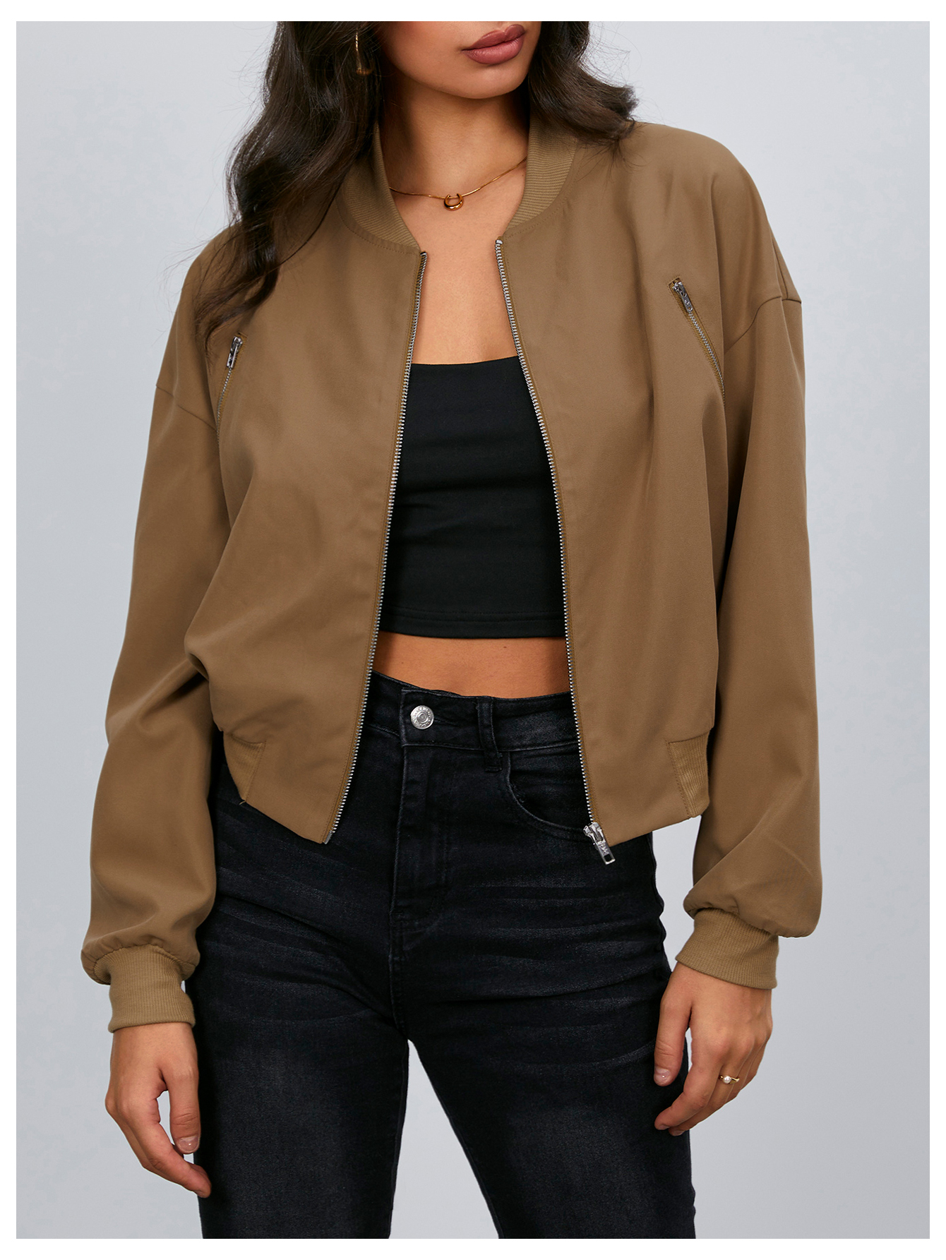 JoyPoem Women's Cropped Bomber Jackets Casual Lightweight Jacket Zip Up Long Sleeve Coat Fall Jacket - Image 4