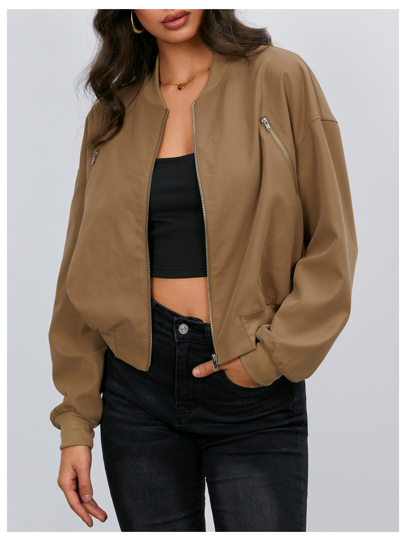 JoyPoem Women's Cropped Bomber Jackets Casual Lightweight Jacket Zip Up Long Sleeve Coat Fall Jacket - Image 3