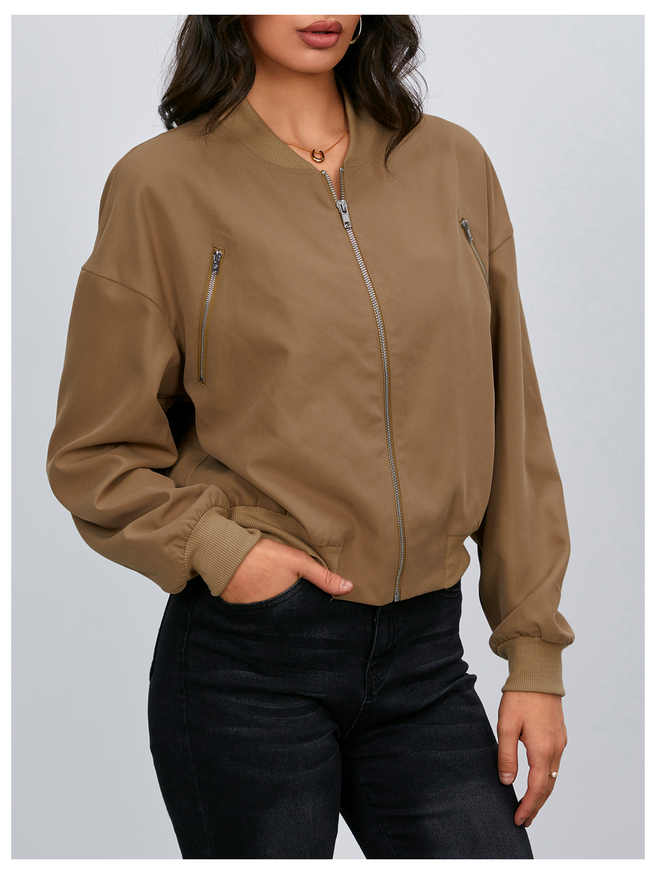 JoyPoem Women's Cropped Bomber Jackets Casual Lightweight Jacket Zip Up Long Sleeve Coat Fall Jacket - Image 5
