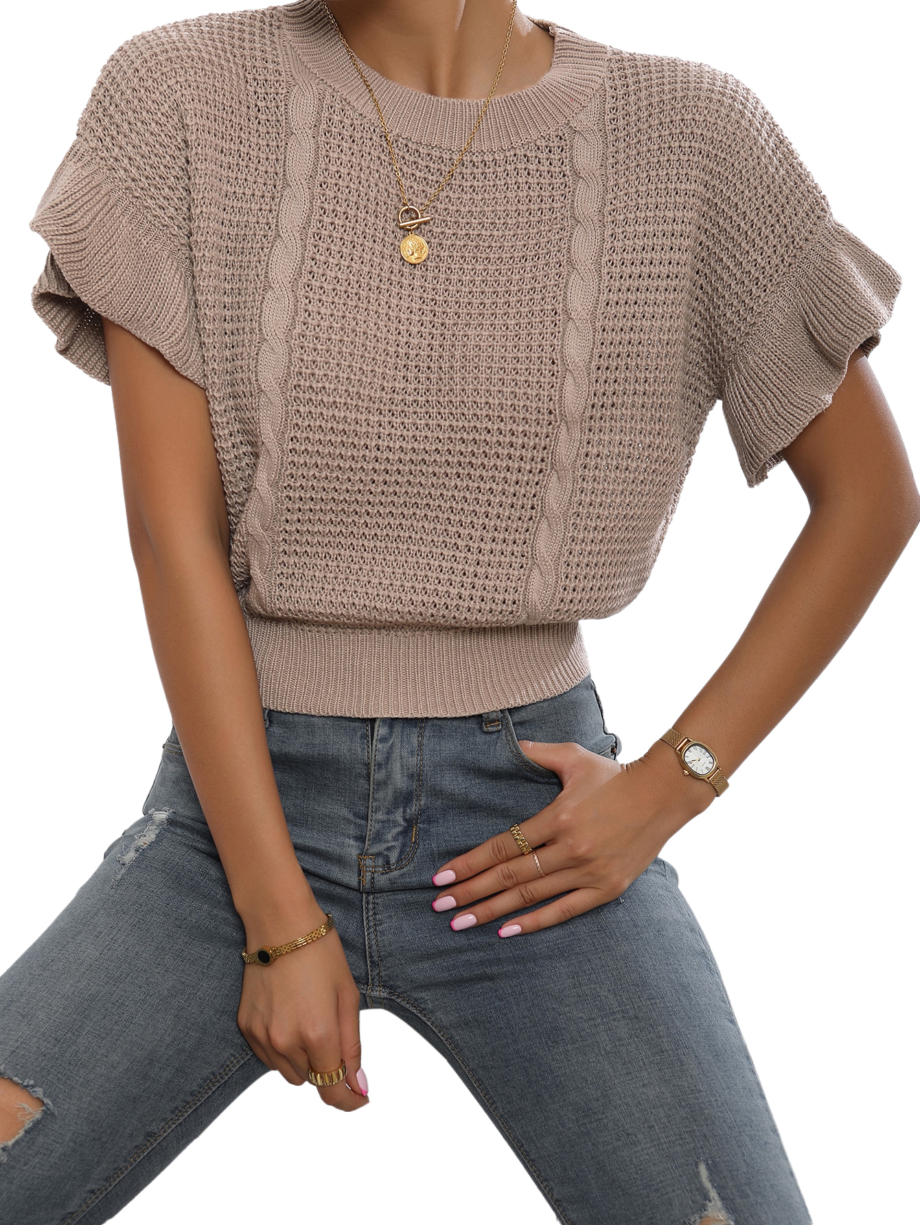 JoyPoem Women's Ruffled Short Sleeve Round Neck Knitted Top Pullovers Sweater
