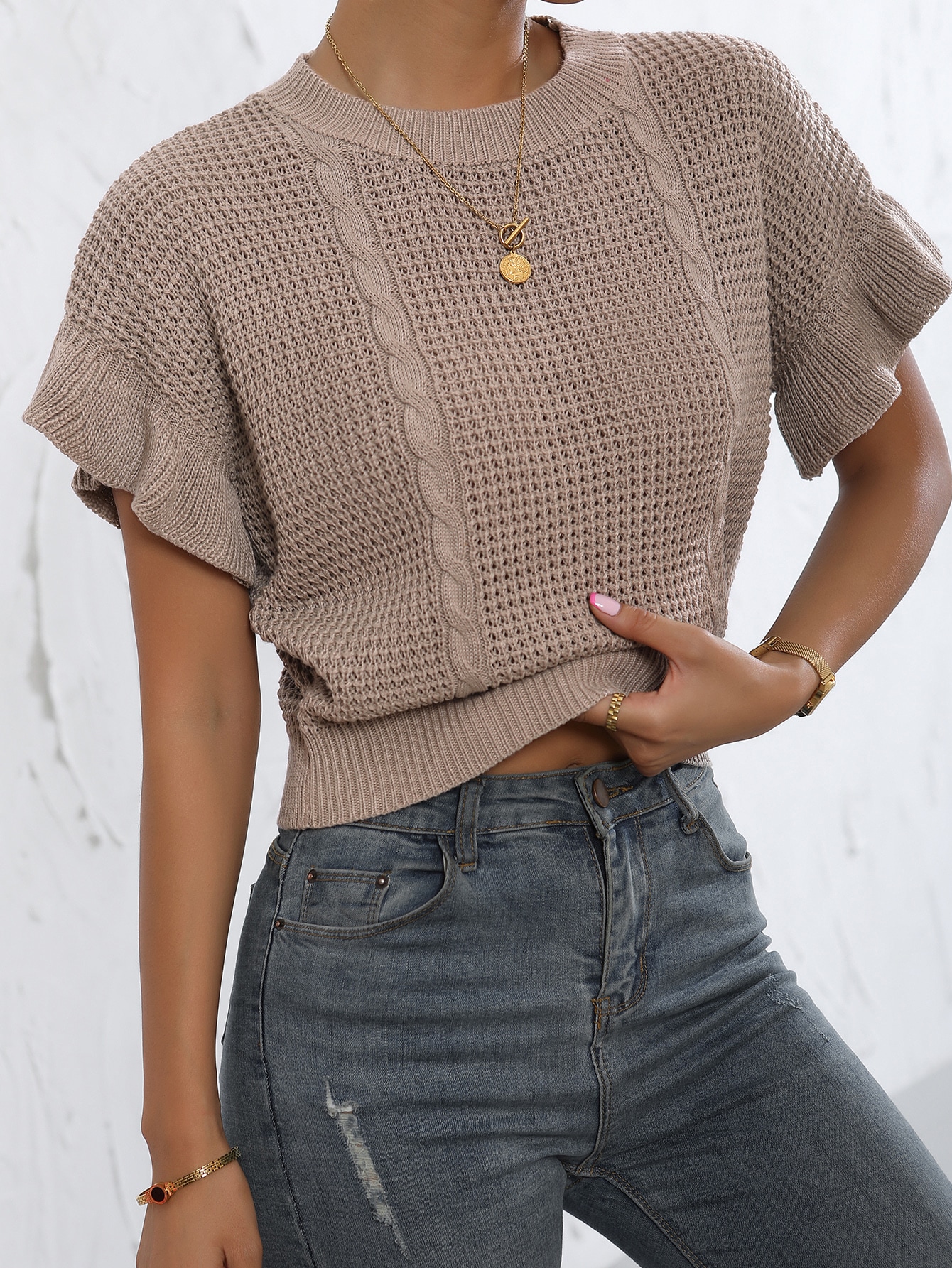 JoyPoem Women's Ruffled Short Sleeve Round Neck Knitted Top Pullovers Sweater - Image 4