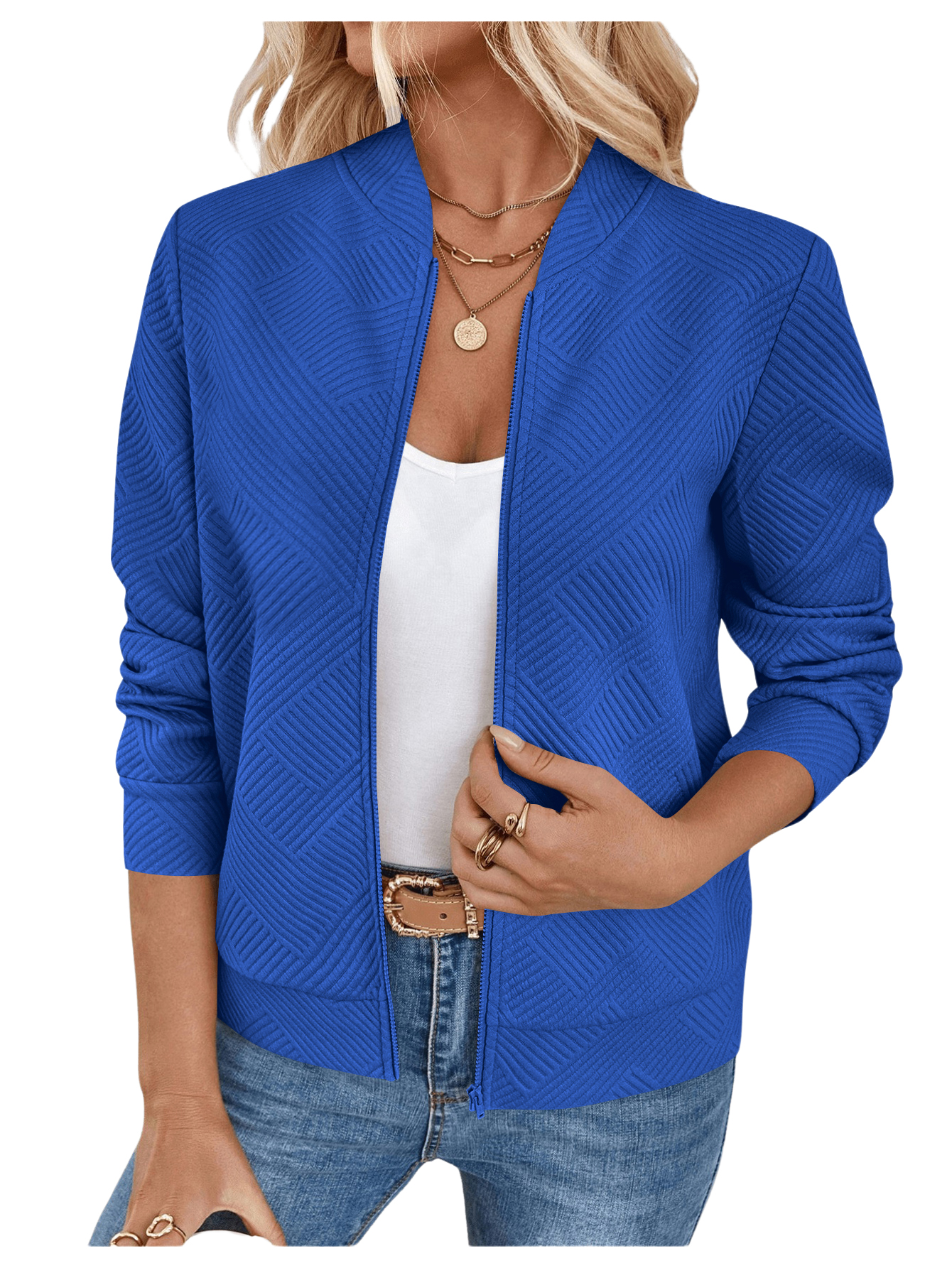 JoyPoem Women's Zip Up Bomber Jacket Casual Long Sleeve Textured Lightweight Coat Business Casual Outfits Spring Fall Clothes