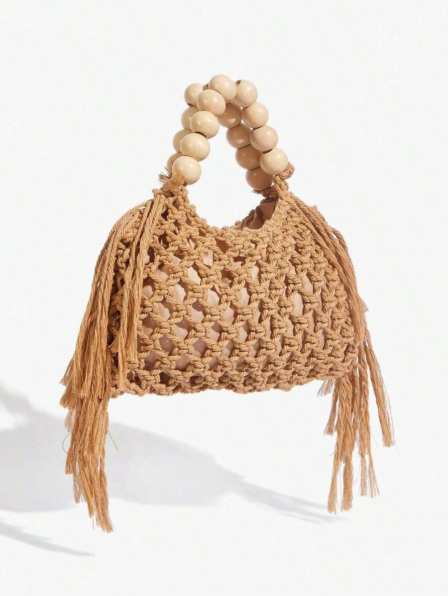 JoyPoem Summer Crochet Tote Bag With Wooden Bead Handle