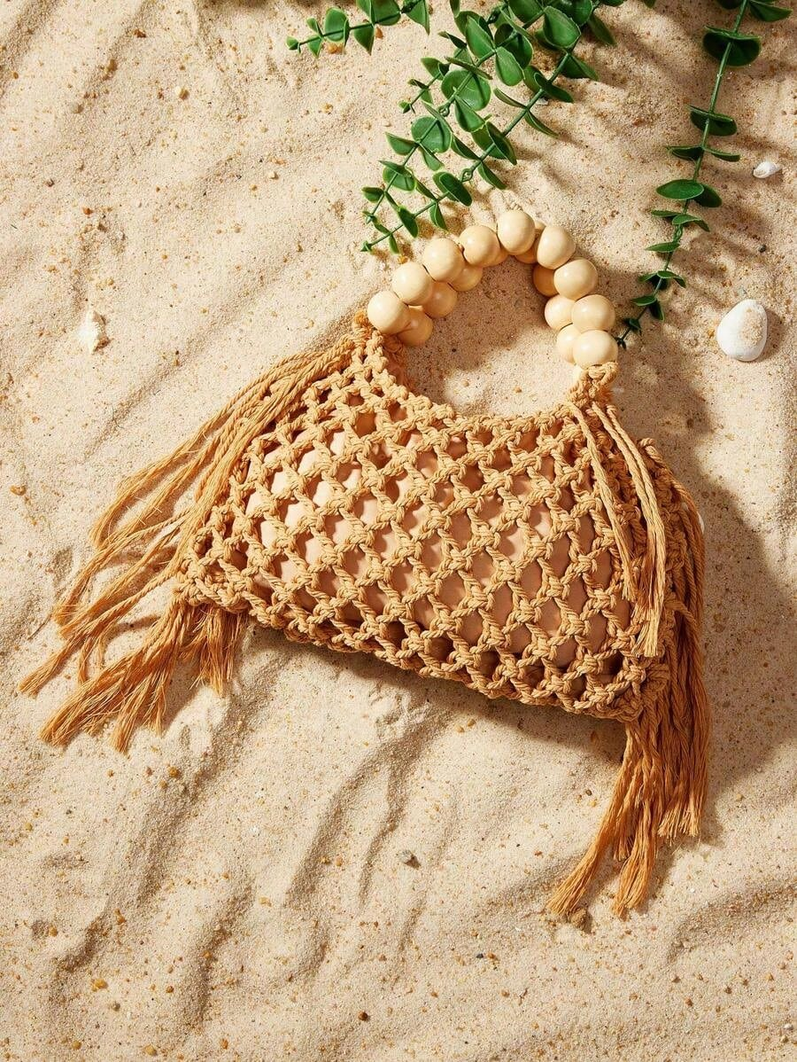 JoyPoem Summer Crochet Tote Bag With Wooden Bead Handle - Image 3