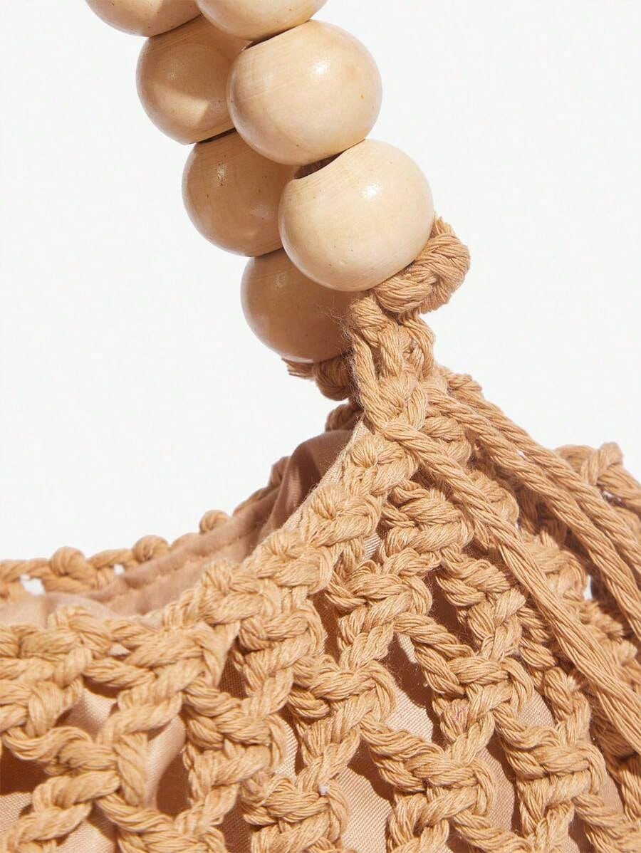 JoyPoem Summer Crochet Tote Bag With Wooden Bead Handle - Image 4