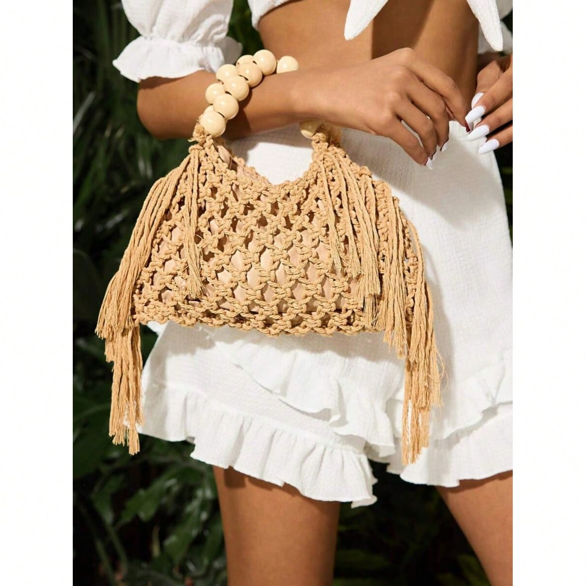 JoyPoem Summer Crochet Tote Bag With Wooden Bead Handle - Image 5