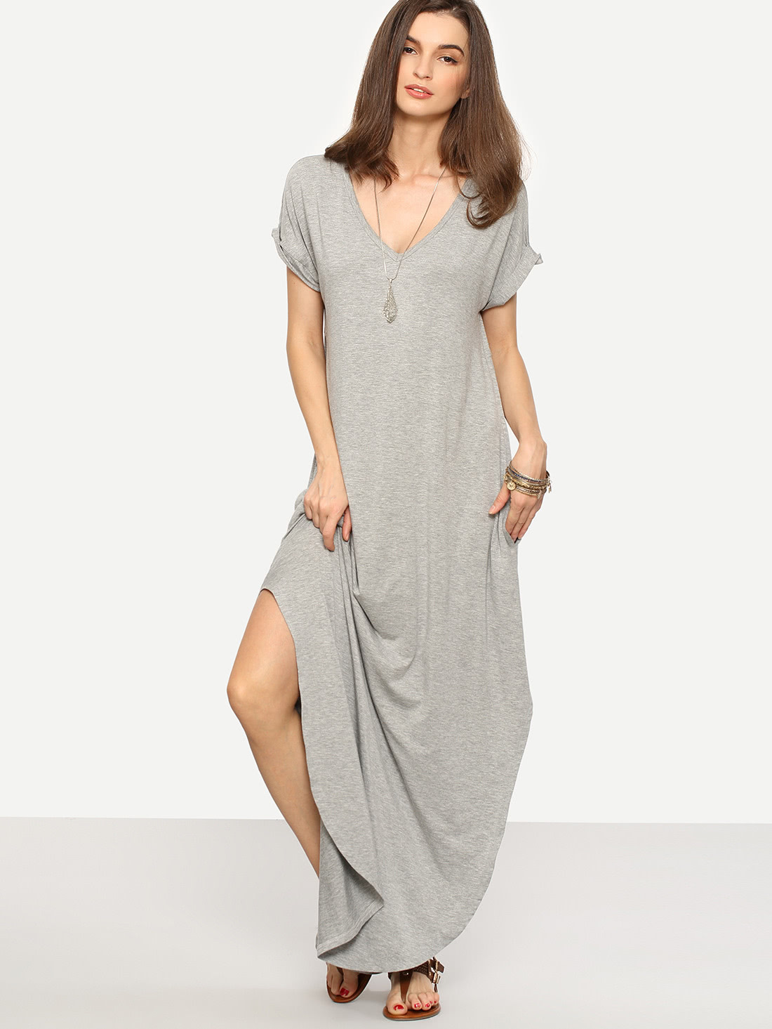 JoyPoem Women's V Neck Side Pockets Split Hem Beach Long Maxi Dress