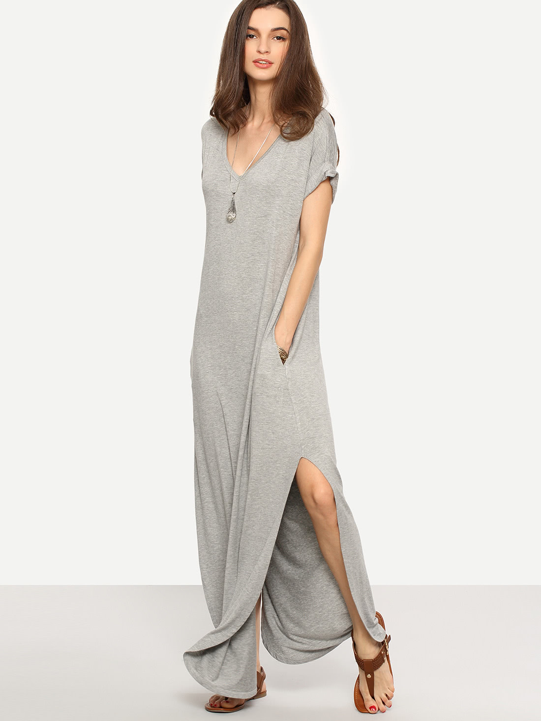 JoyPoem Women's V Neck Side Pockets Split Hem Beach Long Maxi Dress - Image 3