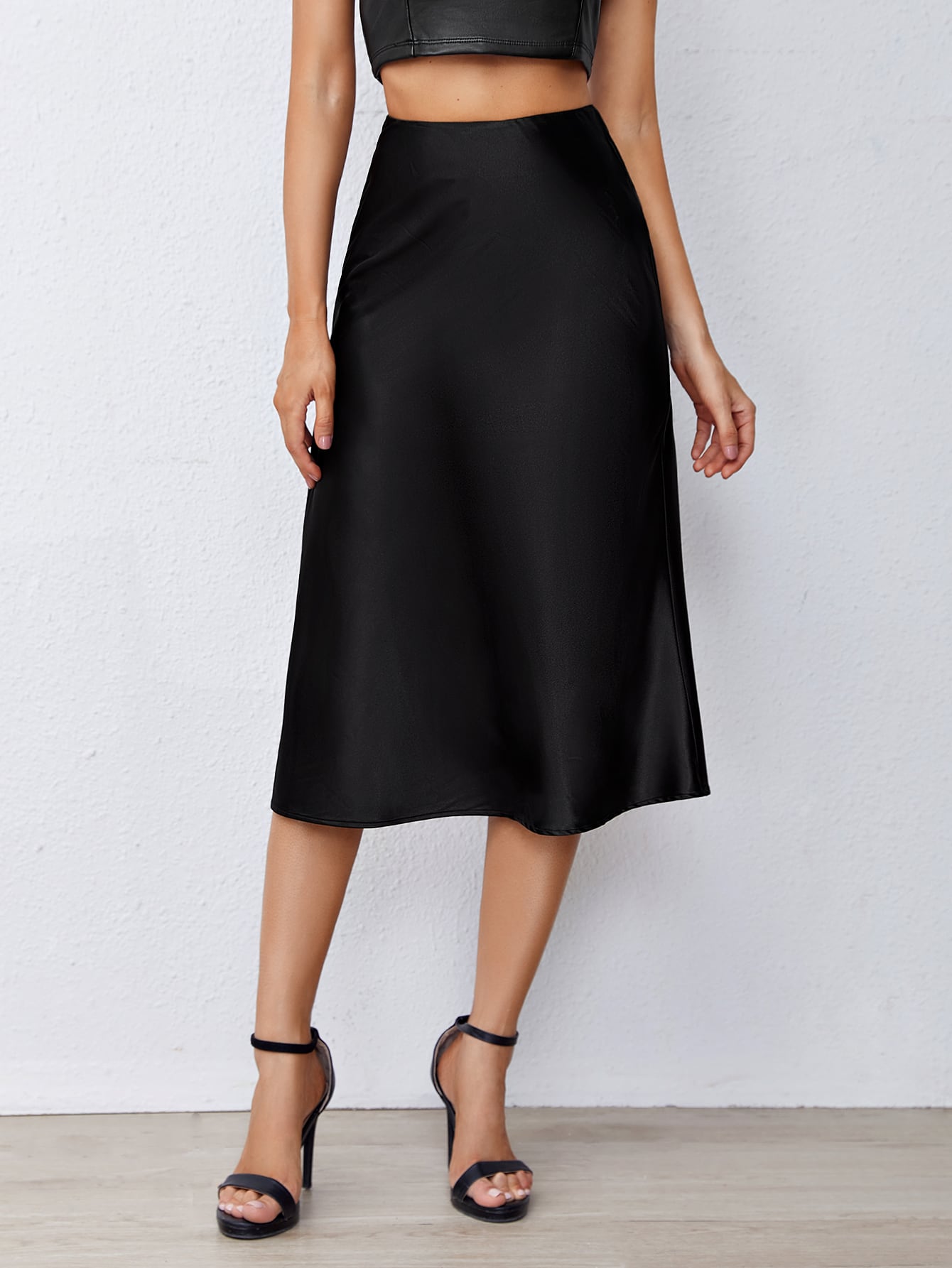 JoyPoem Women's Elegant High Waist Satin A Line Flared Midi Skirt
