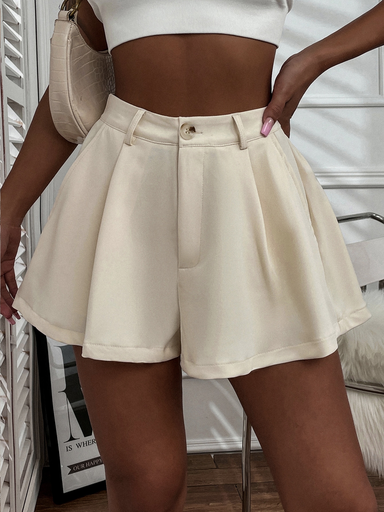 JoyPoem Women's Elastic High Waist Pleated Wide Leg Shorts with Pocket