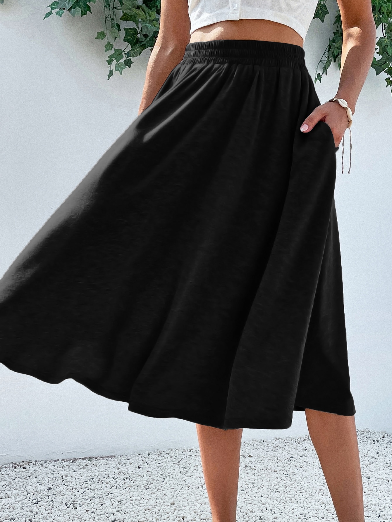 JoyPoem Women's Elastic Waist Pocket Side A Line Midi Swing Flared Skirt - Image 3