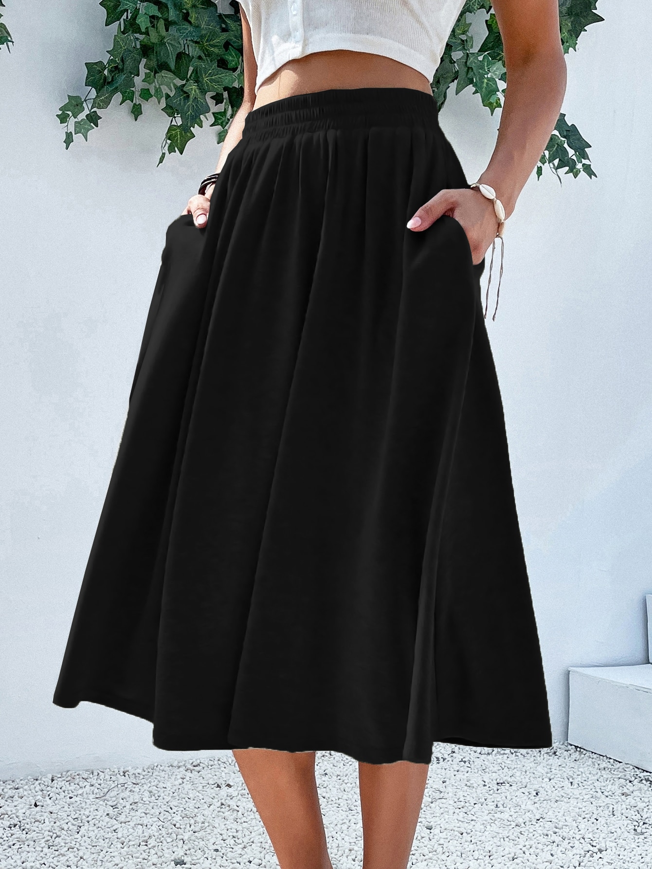 JoyPoem Women's Elastic Waist Pocket Side A Line Midi Swing Flared Skirt - Image 5