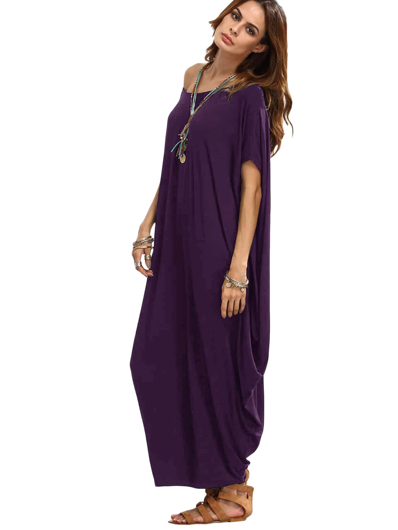 JoyPoem Women's Caftan Harem Boat Neck Dolman Sleeve Oversized Maxi Dress Moo Moos - Image 4