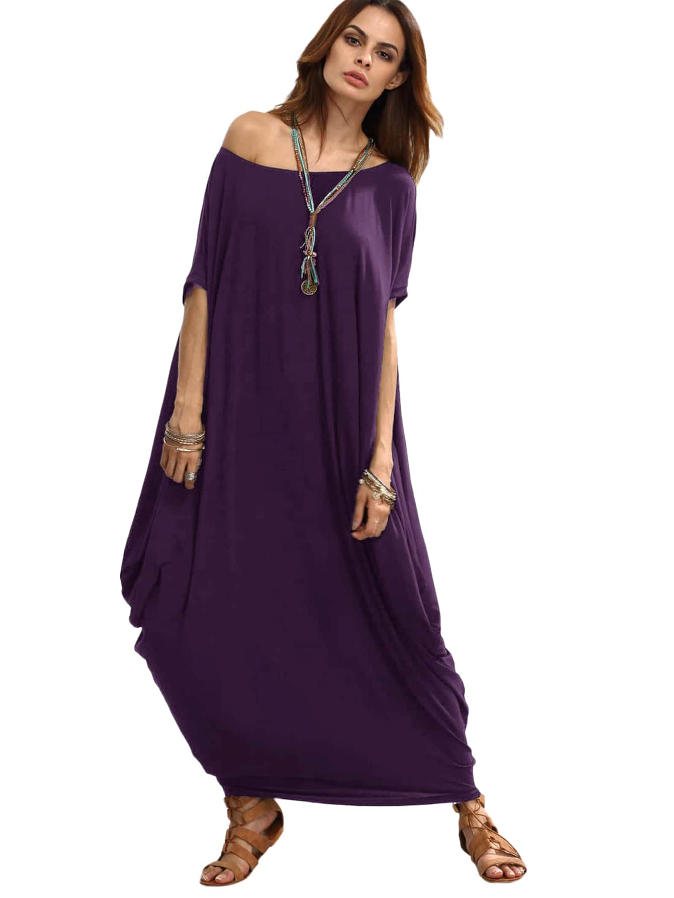 JoyPoem Women's Caftan Harem Boat Neck Dolman Sleeve Oversized Maxi Dress Moo Moos - Image 5