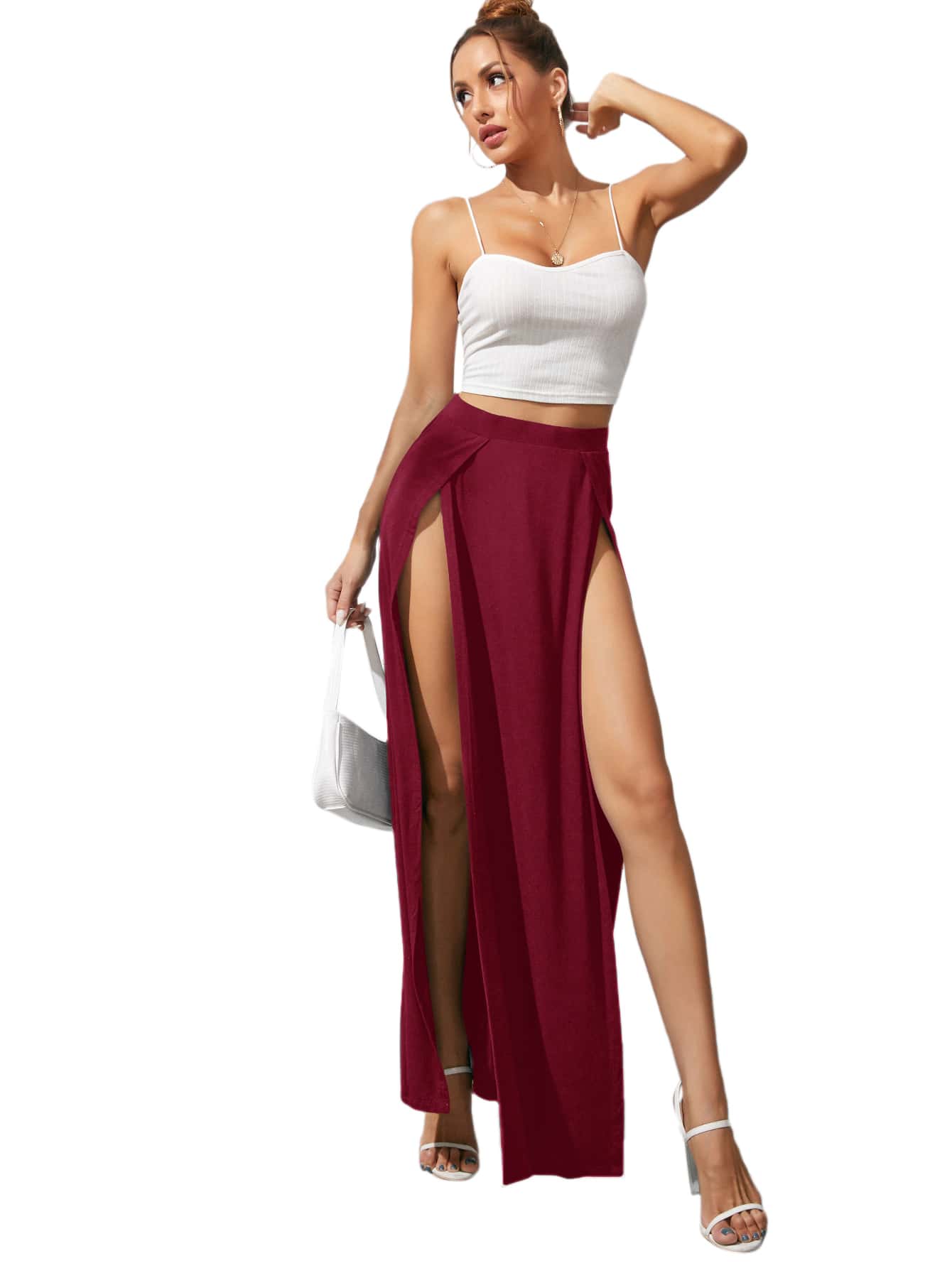JoyPoem Women's Elastic Waist High Split Wrap Flowy Long Maxi Skirt