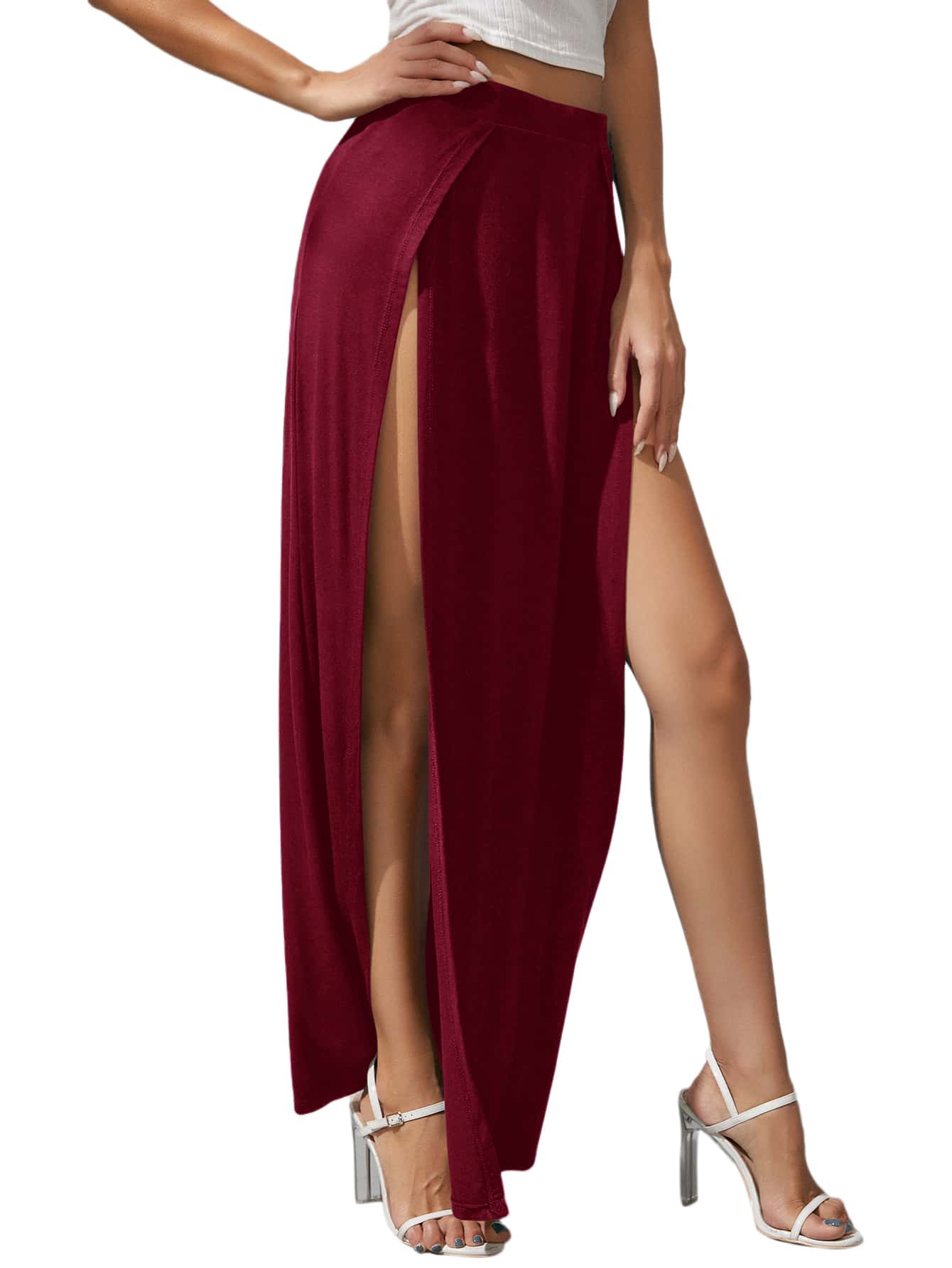 JoyPoem Women's Elastic Waist High Split Wrap Flowy Long Maxi Skirt - Image 3