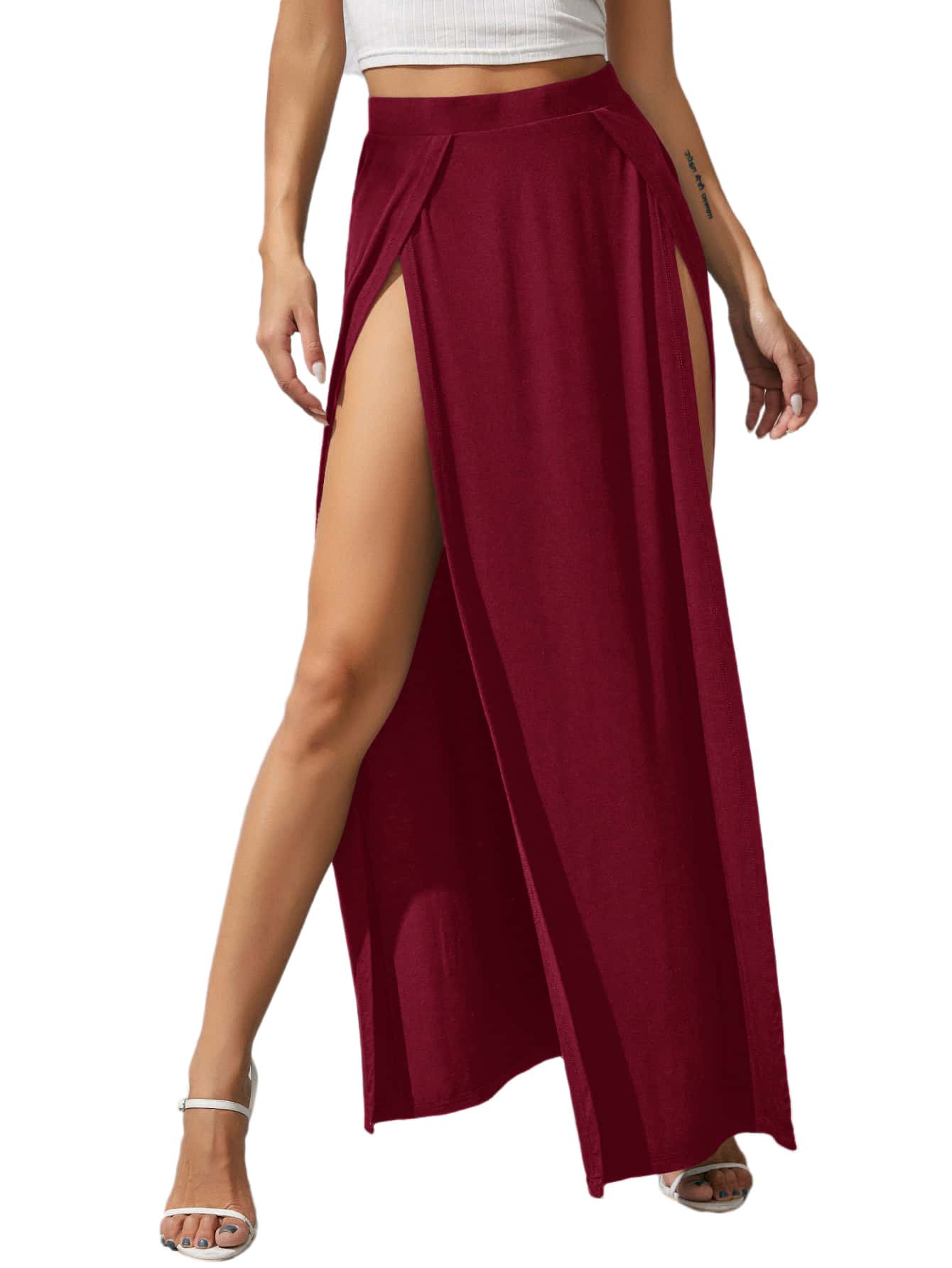 JoyPoem Women's Elastic Waist High Split Wrap Flowy Long Maxi Skirt - Image 4