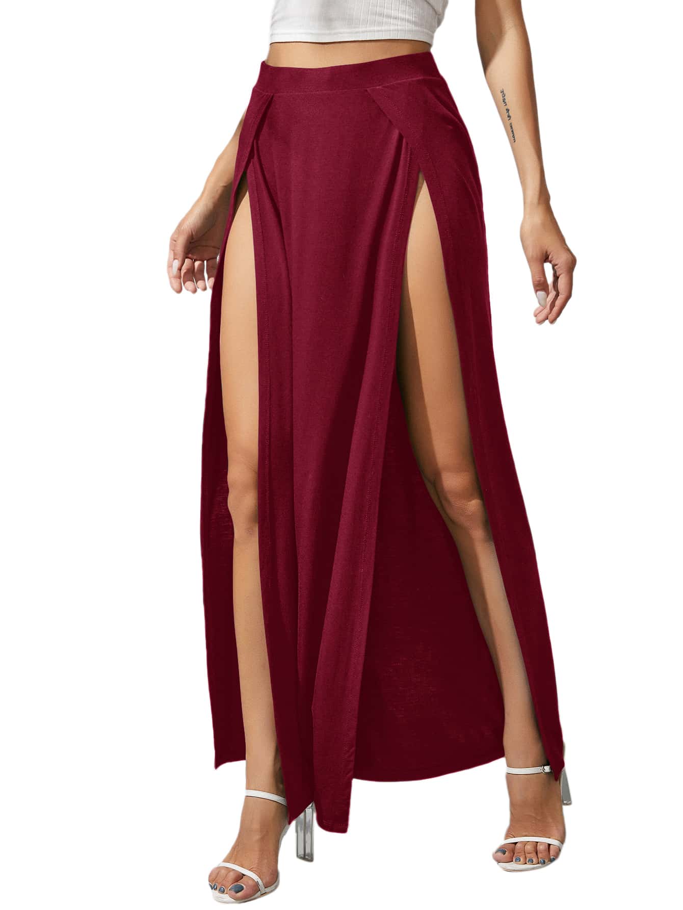 JoyPoem Women's Elastic Waist High Split Wrap Flowy Long Maxi Skirt - Image 5