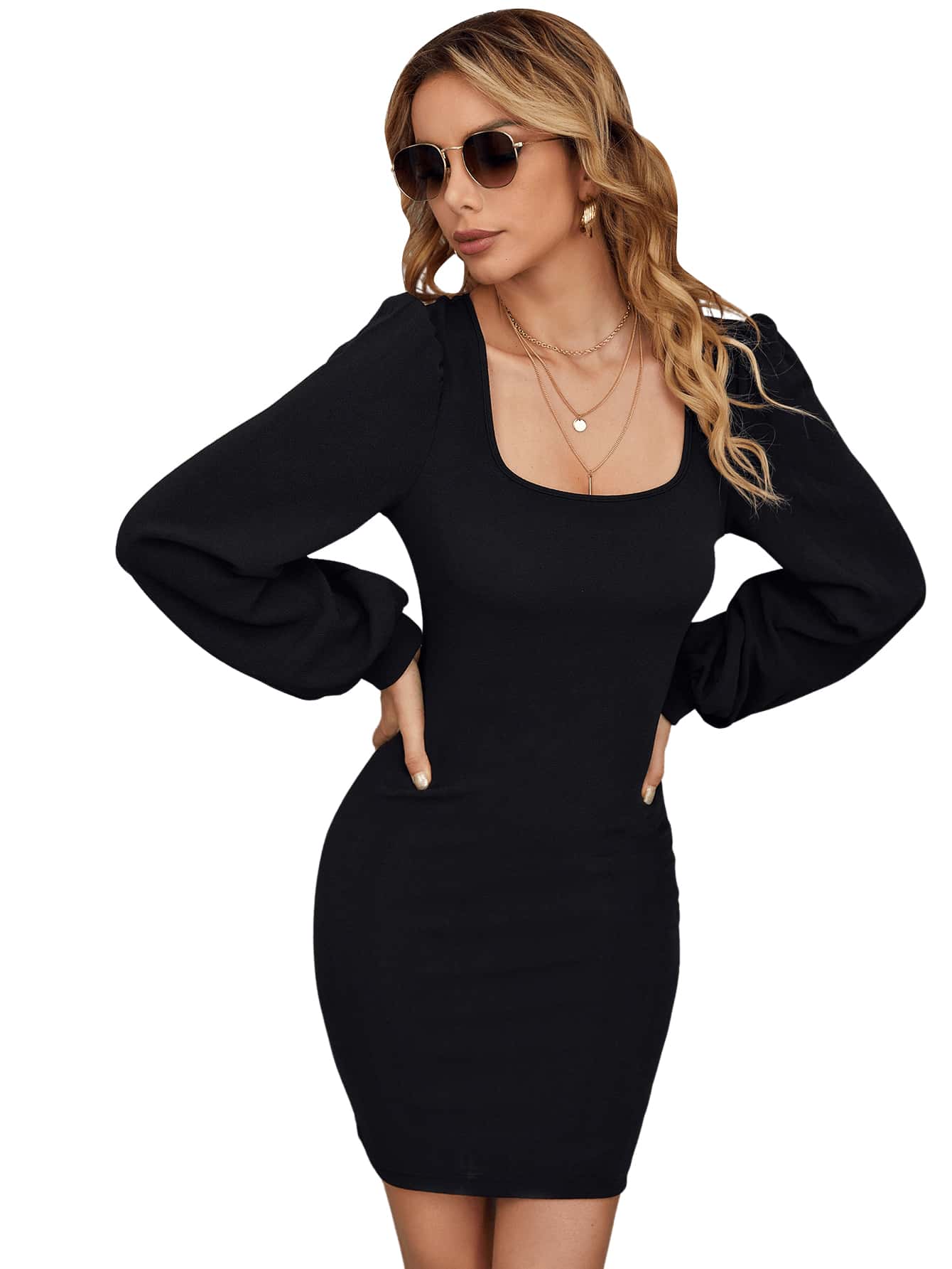 JoyPoem Women's Square Neck Bishop Long Sleeve Pencil Mini Bodycon Dress
