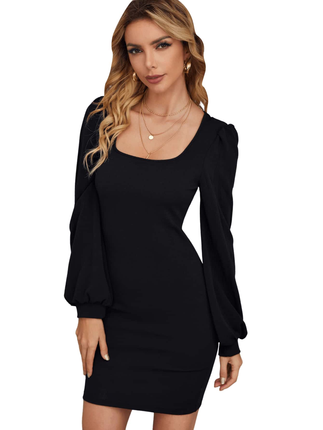 JoyPoem Women's Square Neck Bishop Long Sleeve Pencil Mini Bodycon Dress - Image 3