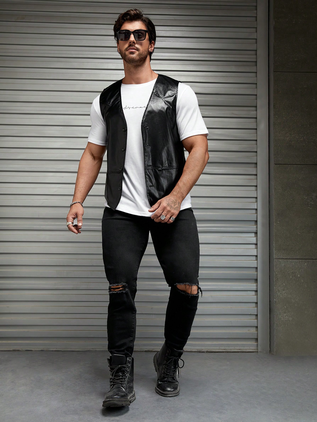 JoyPoem Men's PU Leather Sleeveless Motorcycle Biker Vest Jacket - Image 5