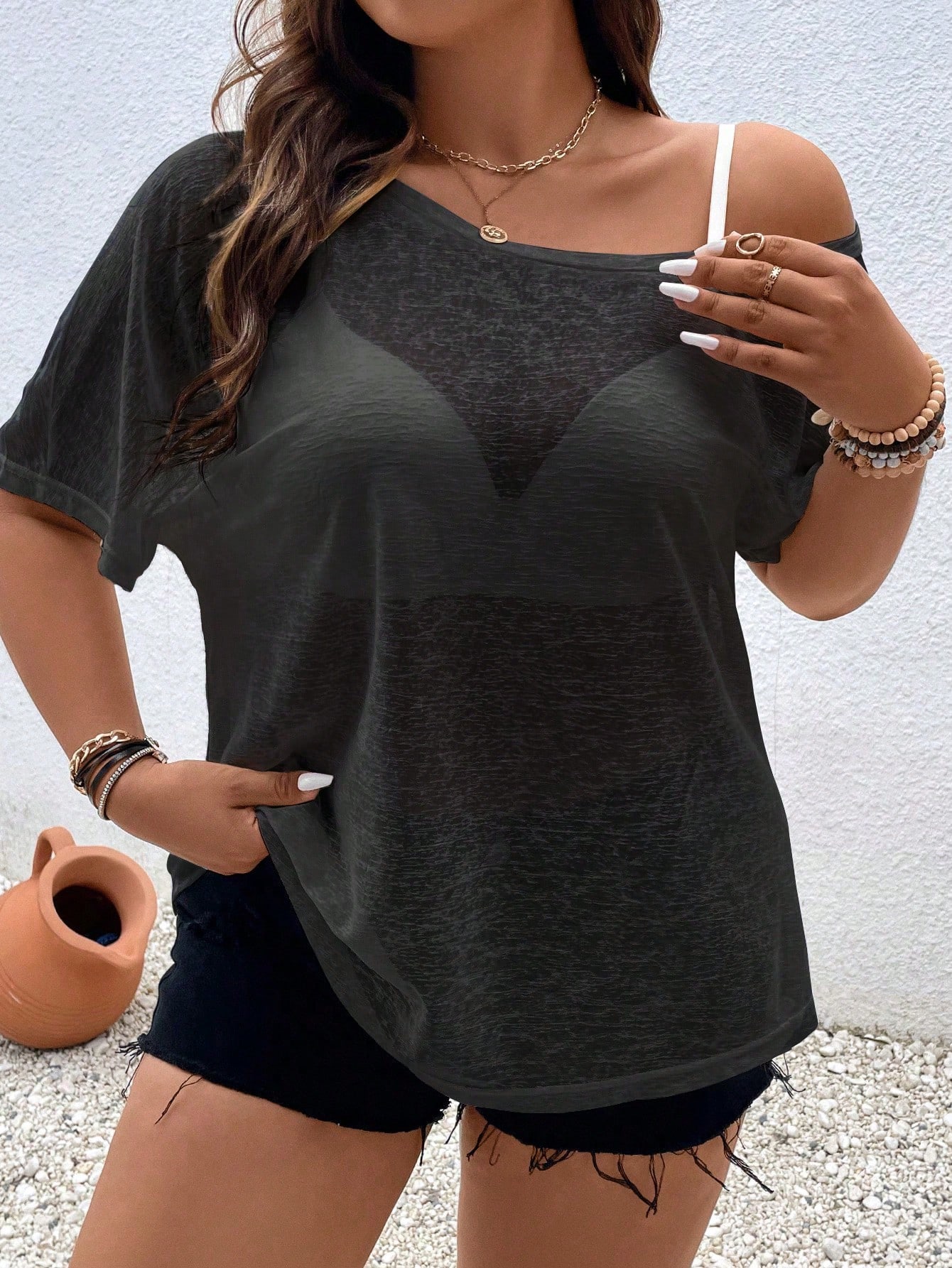 JoyPoem Women's Plus Size Boat Neck Short Sleeve Sheer Tee Top Casual T Shirt - Image 3