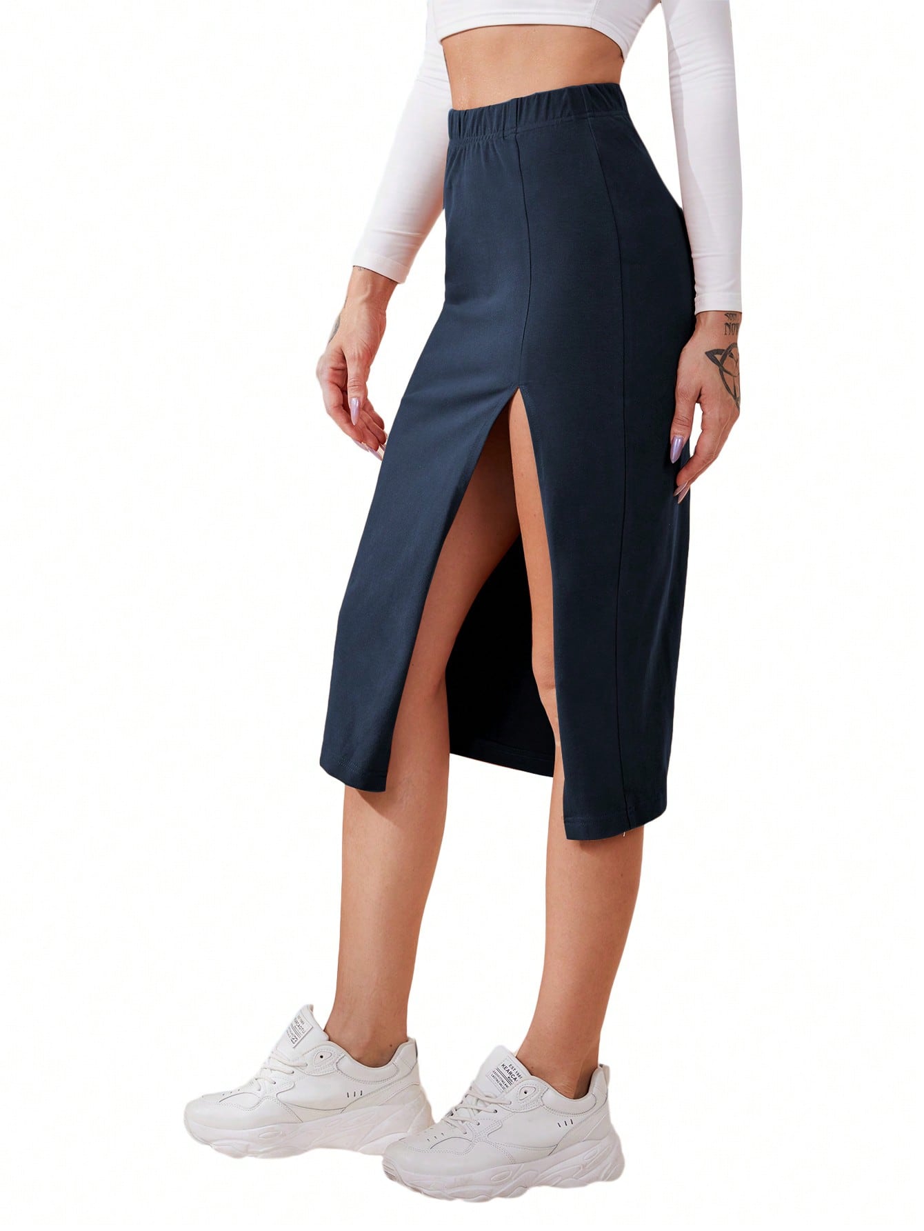 JoyPoem Women's Elastic Waist Split Thigh Pencil Bodycon Midi Skirt - Image 4