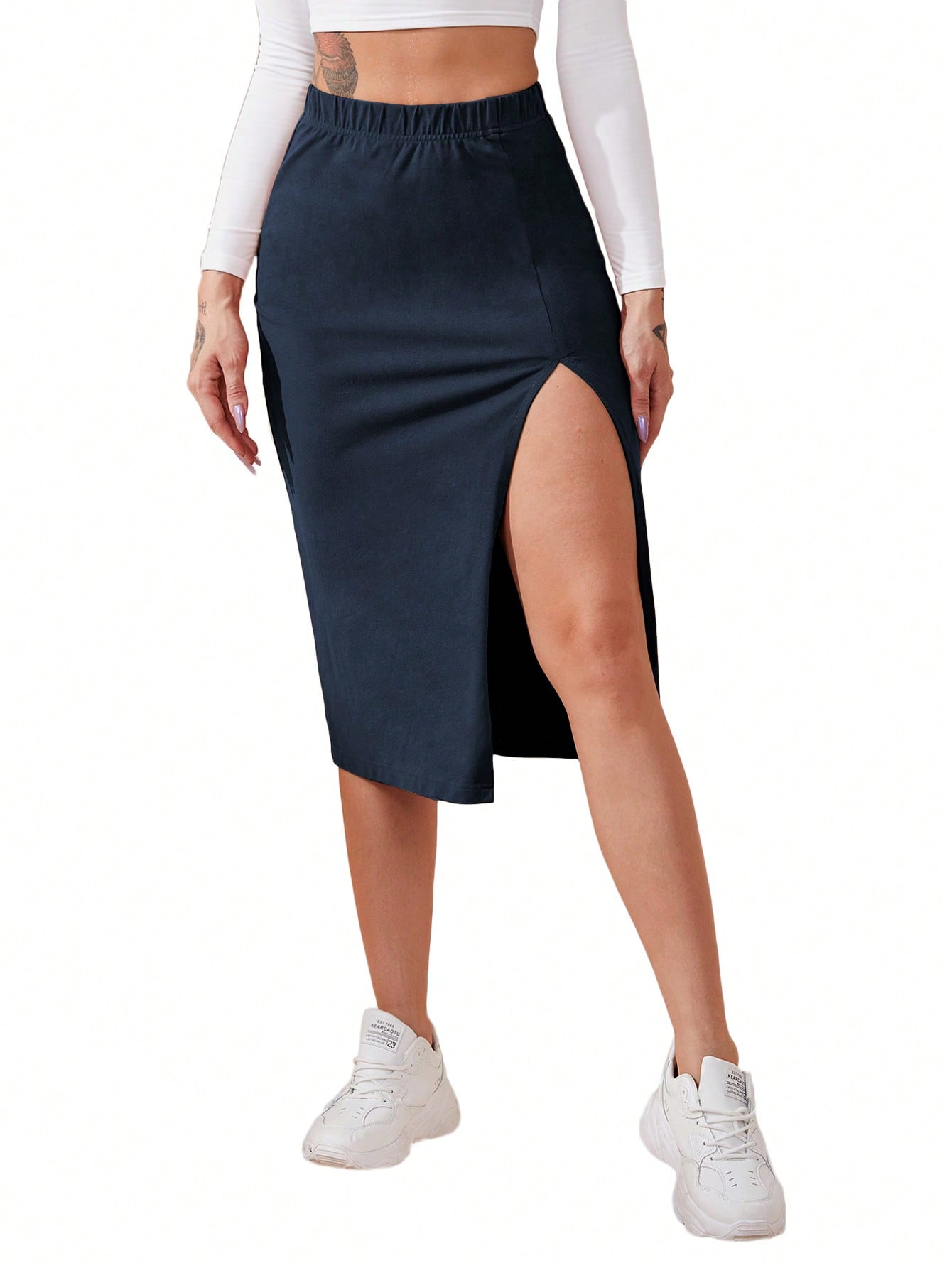 JoyPoem Women's Elastic Waist Split Thigh Pencil Bodycon Midi Skirt - Image 5