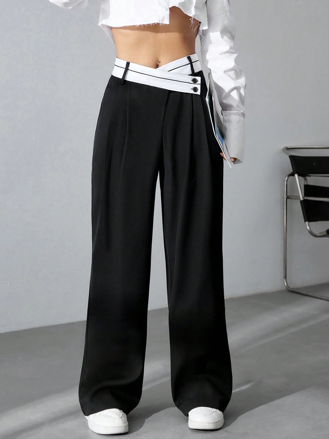 JoyPoem Women's Color Block Asymmetrical High Waist Button Trousers Straight Leg Long Pants
