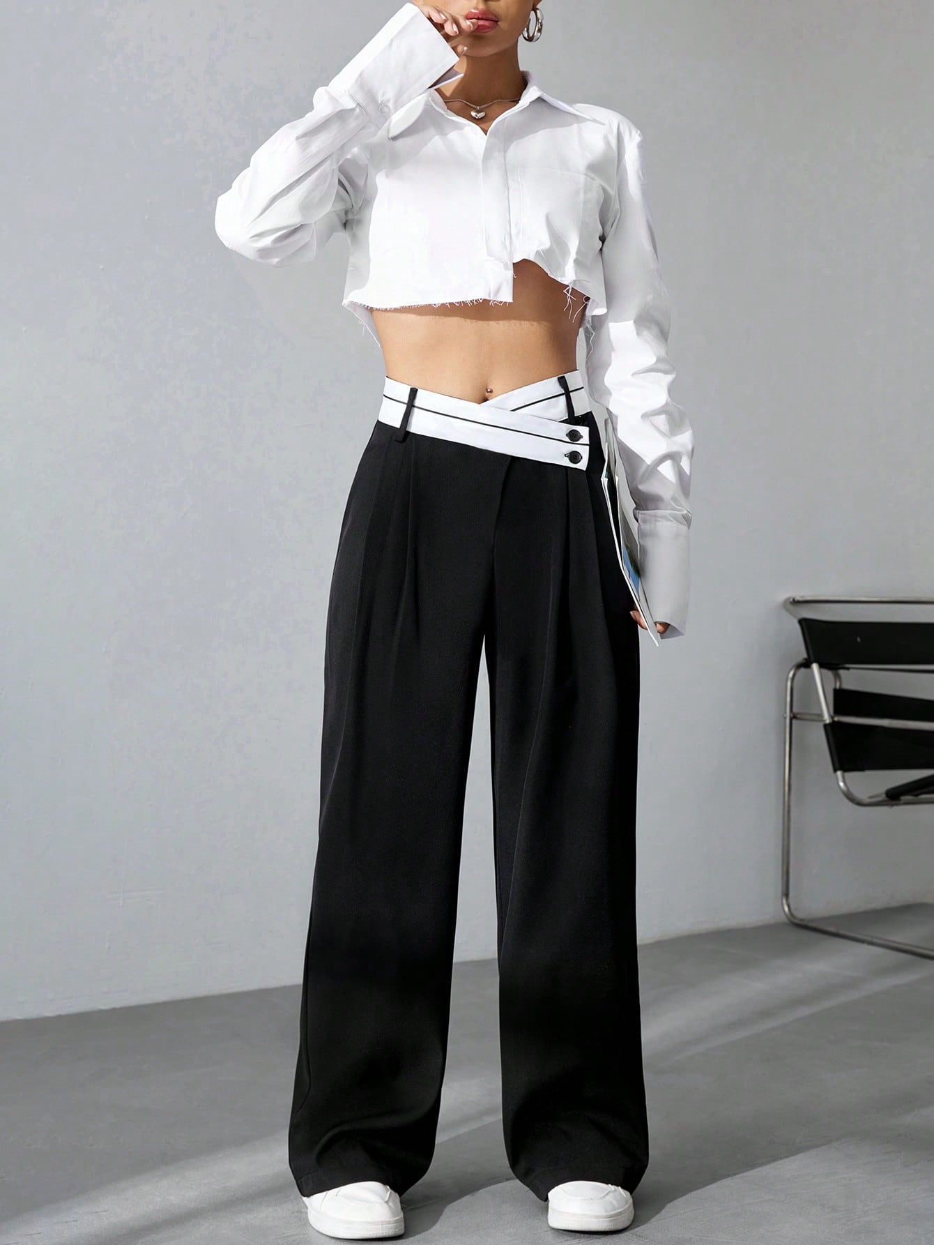 JoyPoem Women's Color Block Asymmetrical High Waist Button Trousers Straight Leg Long Pants - Image 3