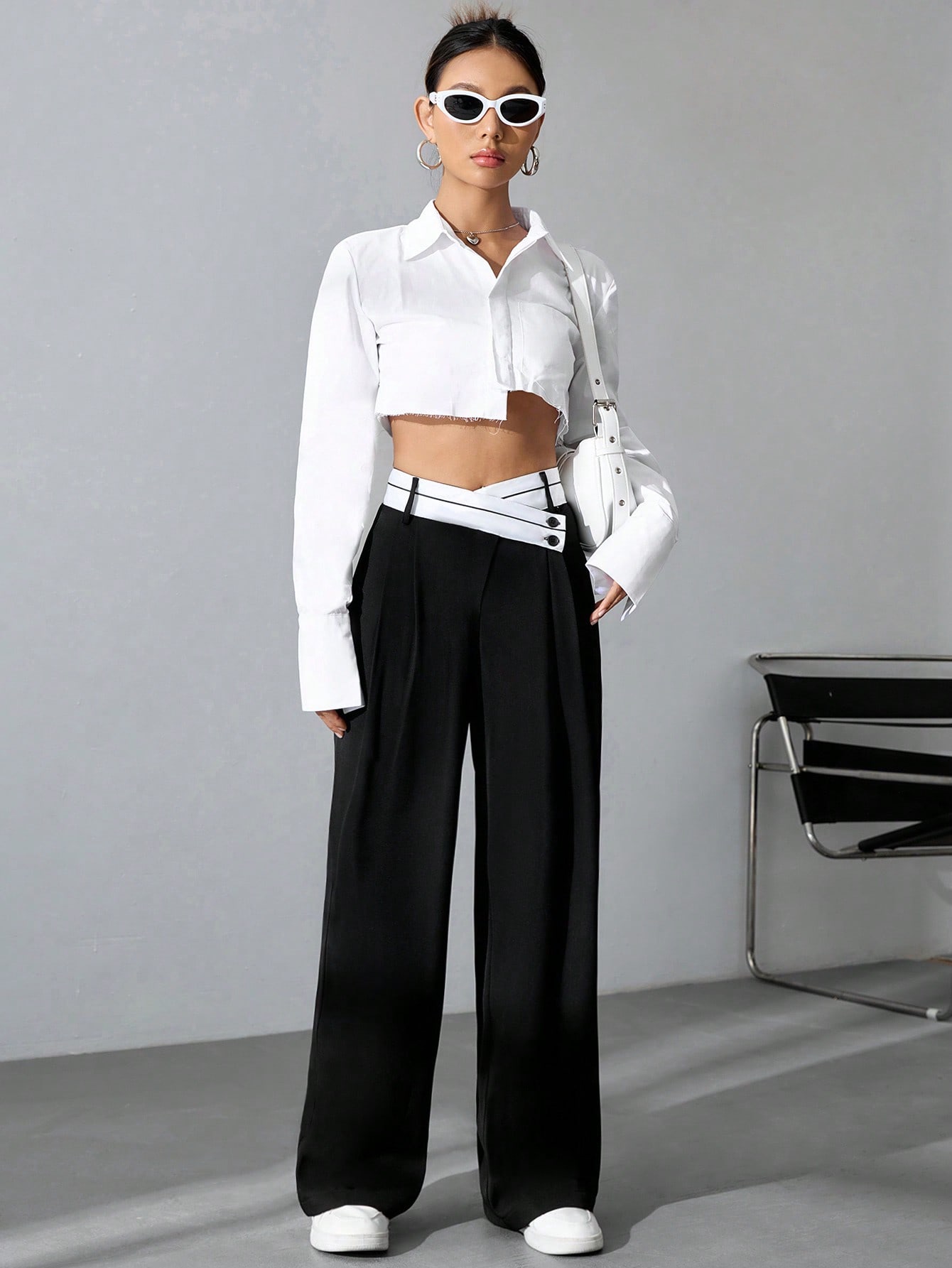 JoyPoem Women's Color Block Asymmetrical High Waist Button Trousers Straight Leg Long Pants - Image 4
