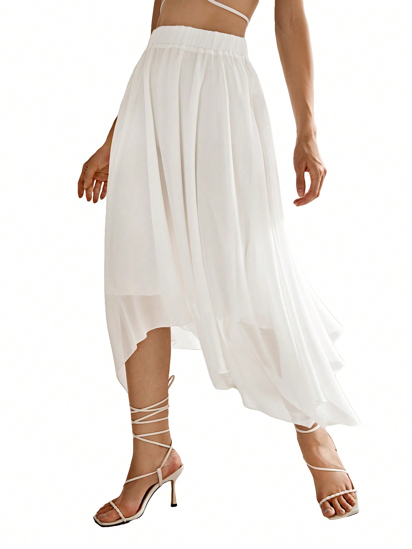 JoyPoem Women's Asymmetrical Hem Elastic Waist Chiffon Flowy Long Skirt