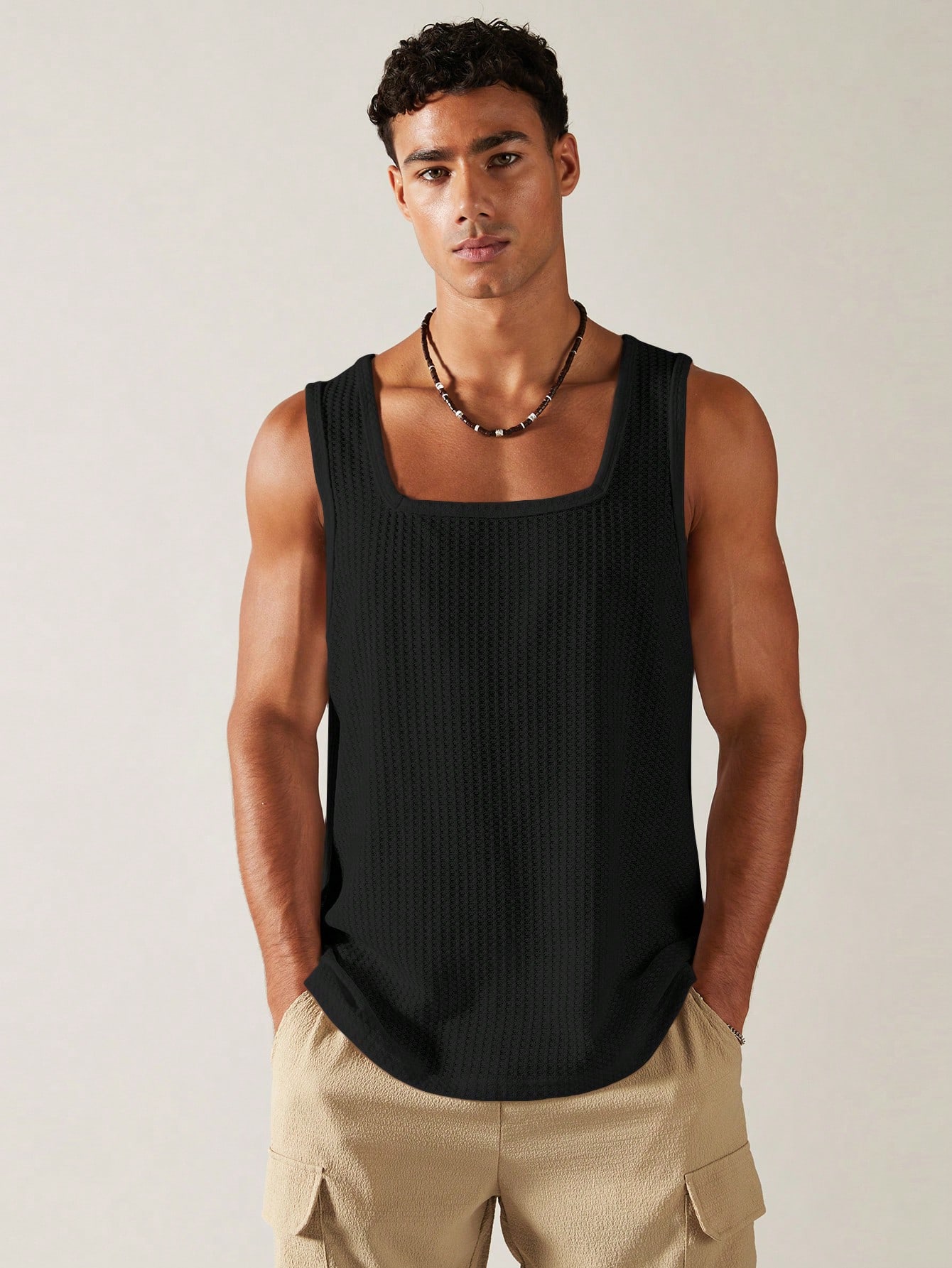 JoyPoem Men's Sleeveless Square Neck Waffle Basic Tank Tops Undershirt