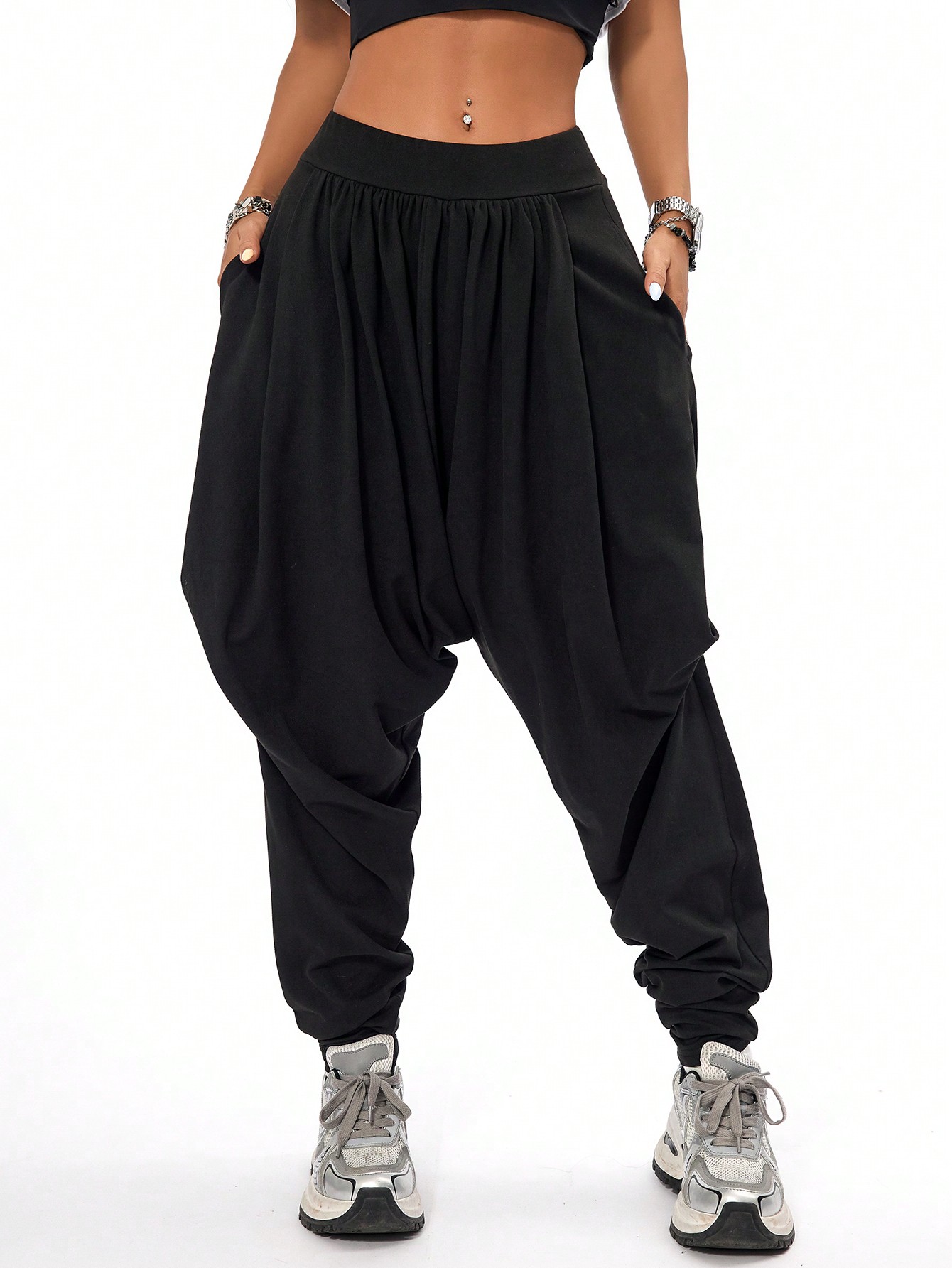 JoyPoem Women's Hippie Baggy Harem Pants Elastic Waist Drop Crotch Trousers with Pockets