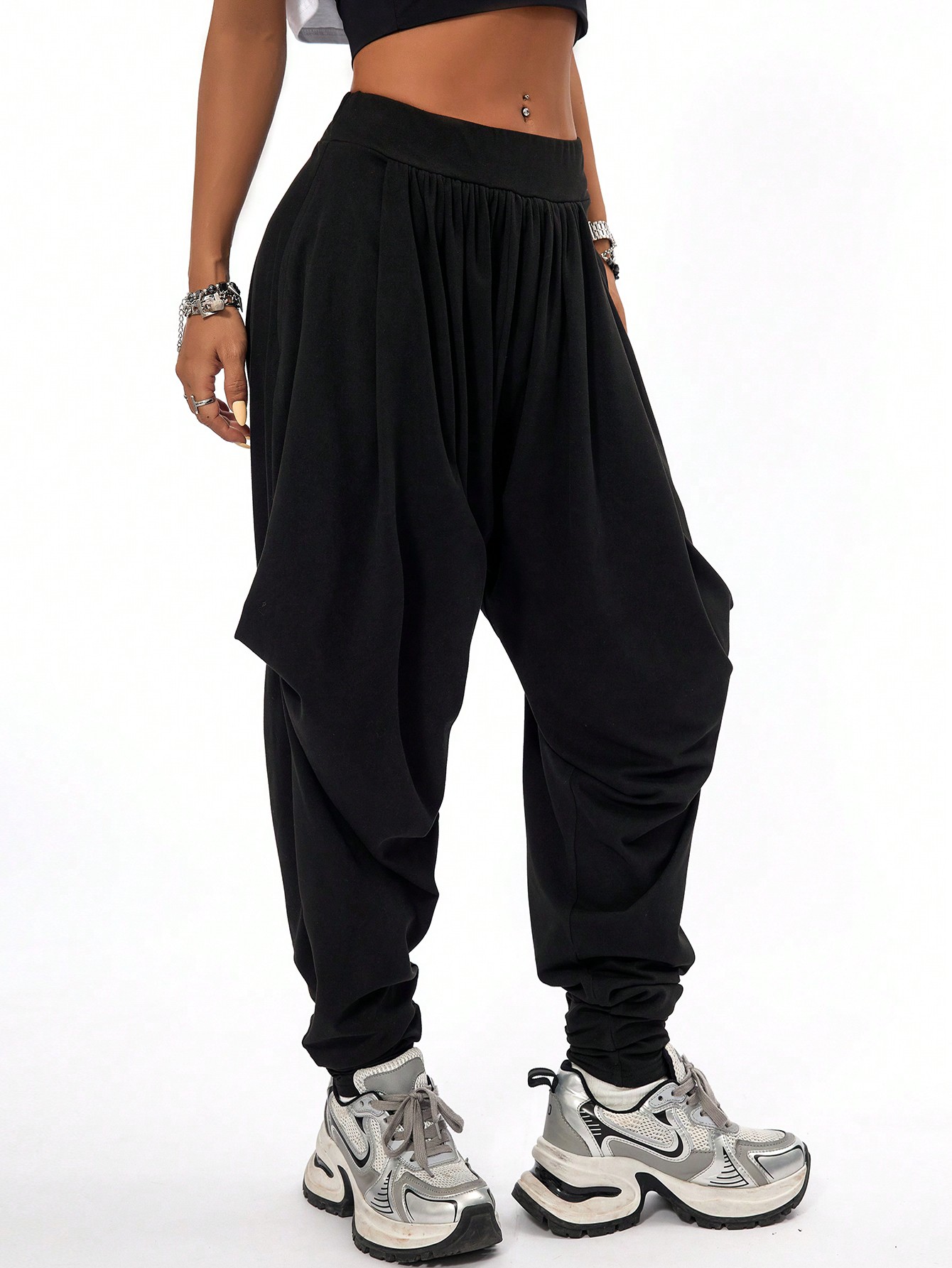 JoyPoem Women's Hippie Baggy Harem Pants Elastic Waist Drop Crotch Trousers with Pockets - Image 3