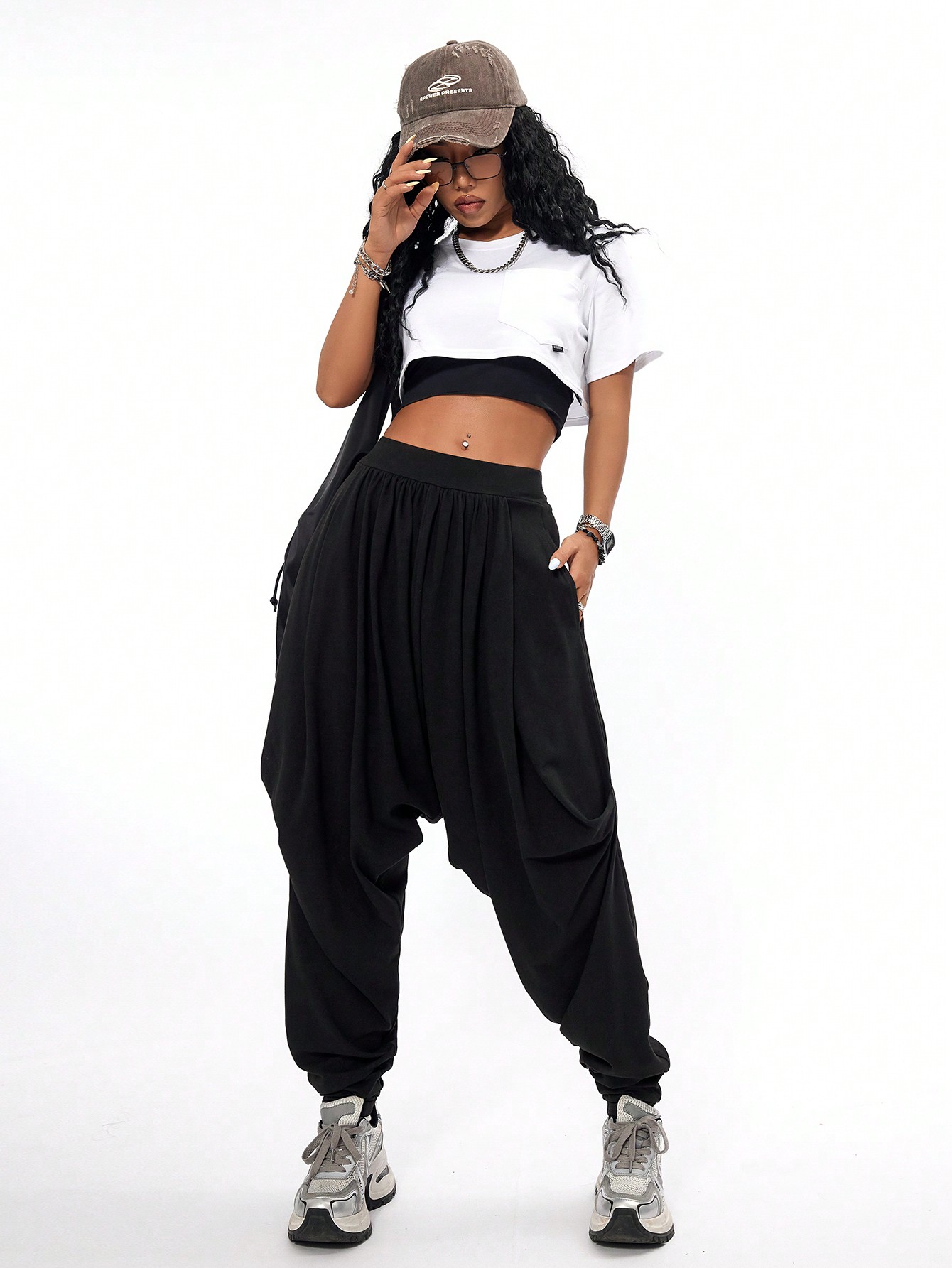 JoyPoem Women's Hippie Baggy Harem Pants Elastic Waist Drop Crotch Trousers with Pockets - Image 4