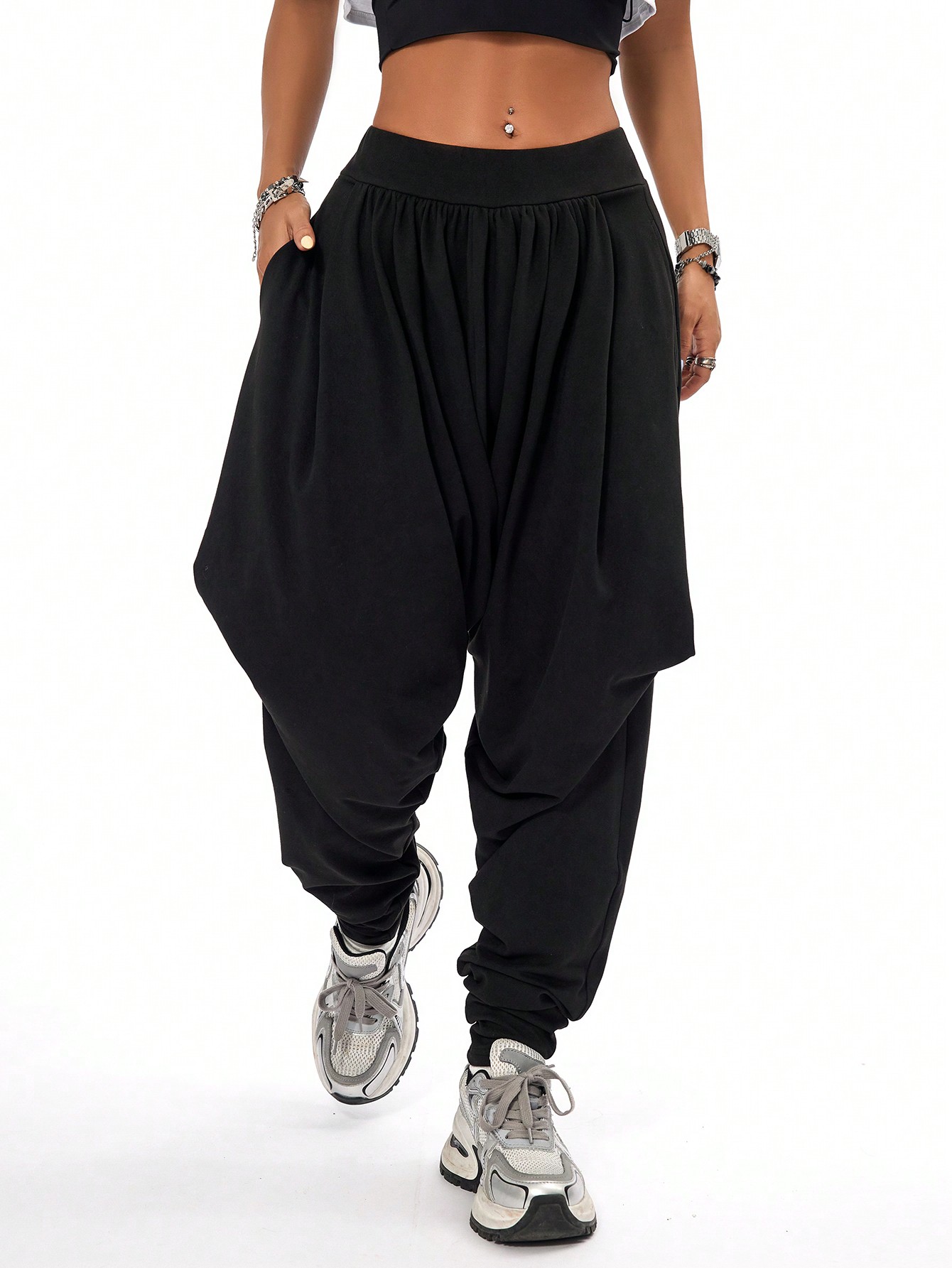 JoyPoem Women's Hippie Baggy Harem Pants Elastic Waist Drop Crotch Trousers with Pockets - Image 5