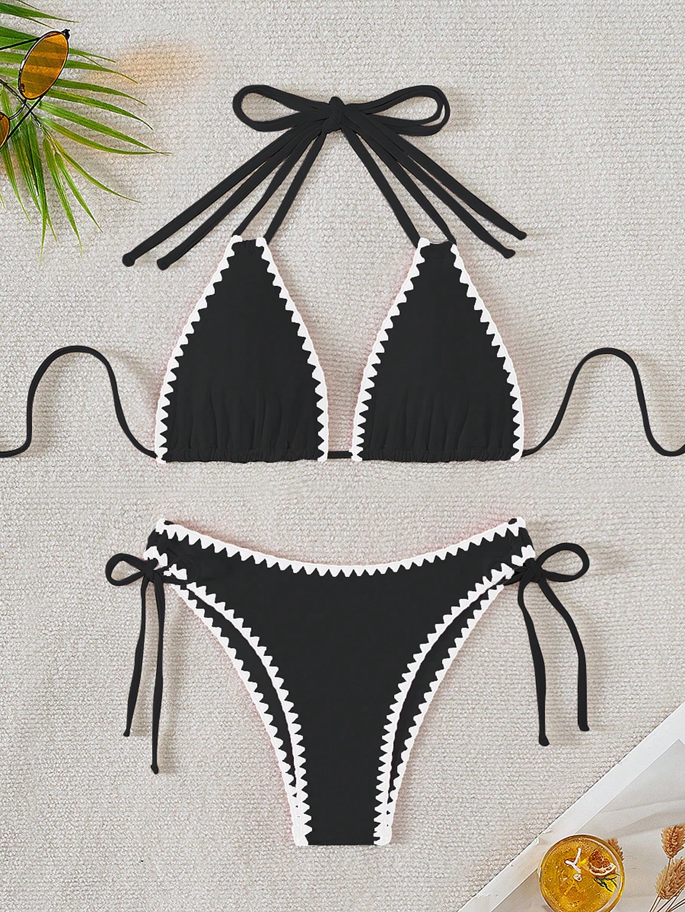 JoyPoem Women's 2 Piece Scalloped Trim Halter Swimsuit Tie Side High Cut String Bikini Set