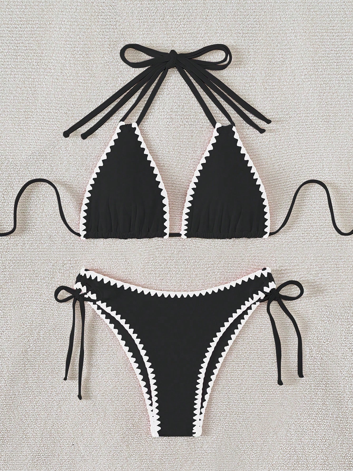 JoyPoem Women's 2 Piece Scalloped Trim Halter Swimsuit Tie Side High Cut String Bikini Set - Image 5
