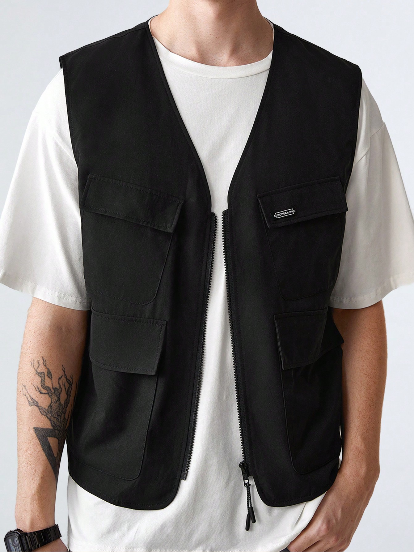 JoyPoem Men's Sleeveless Letter Patched Buckle Zipper Flap Pocket Steampunk Cargo Vest Jacket - Image 3