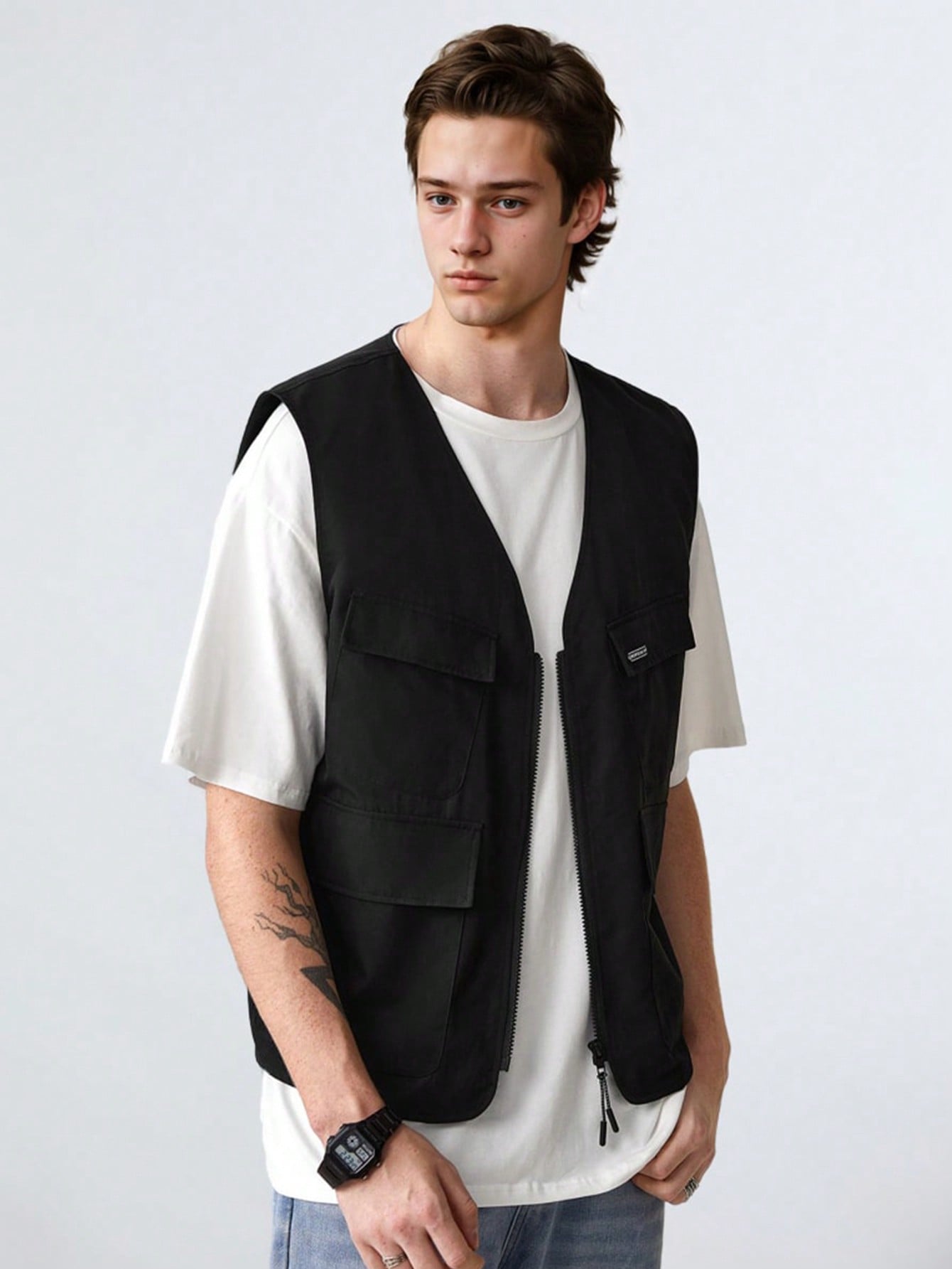 JoyPoem Men's Sleeveless Letter Patched Buckle Zipper Flap Pocket Steampunk Cargo Vest Jacket