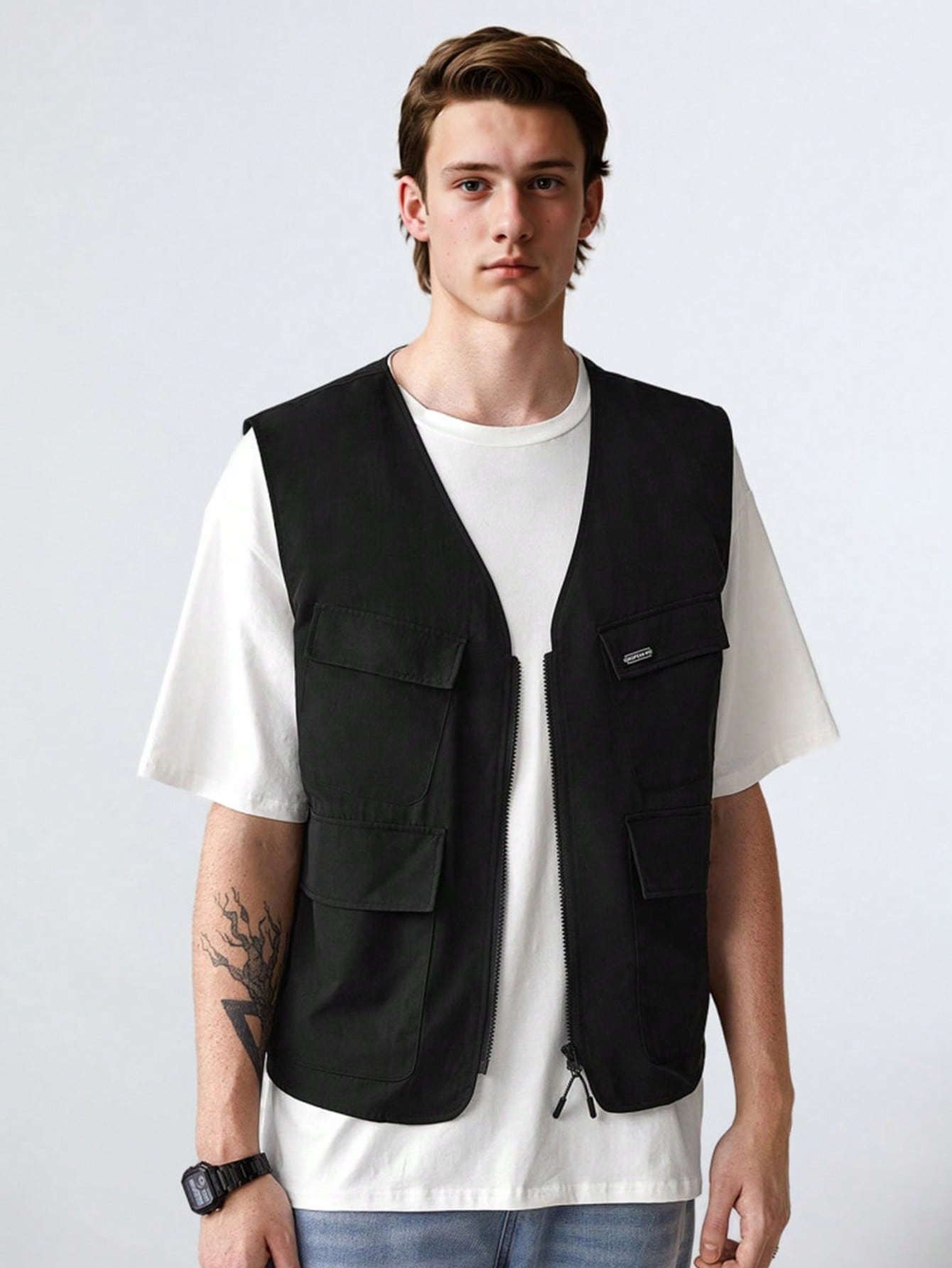 JoyPoem Men's Sleeveless Letter Patched Buckle Zipper Flap Pocket Steampunk Cargo Vest Jacket - Image 5