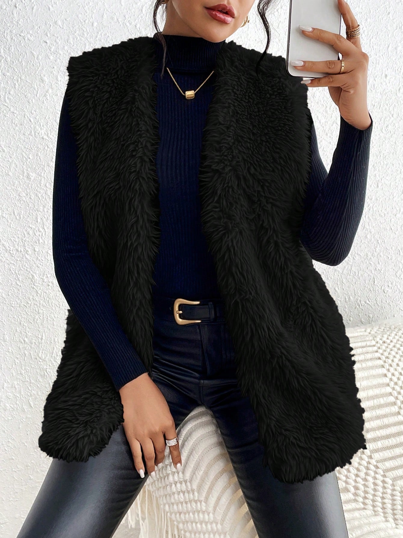 JoyPoem Women's Fuzzy Faux Fur Sleeveless Vest Teddy Coats Open Front Plush Waistcoat Outerwear - Image 3