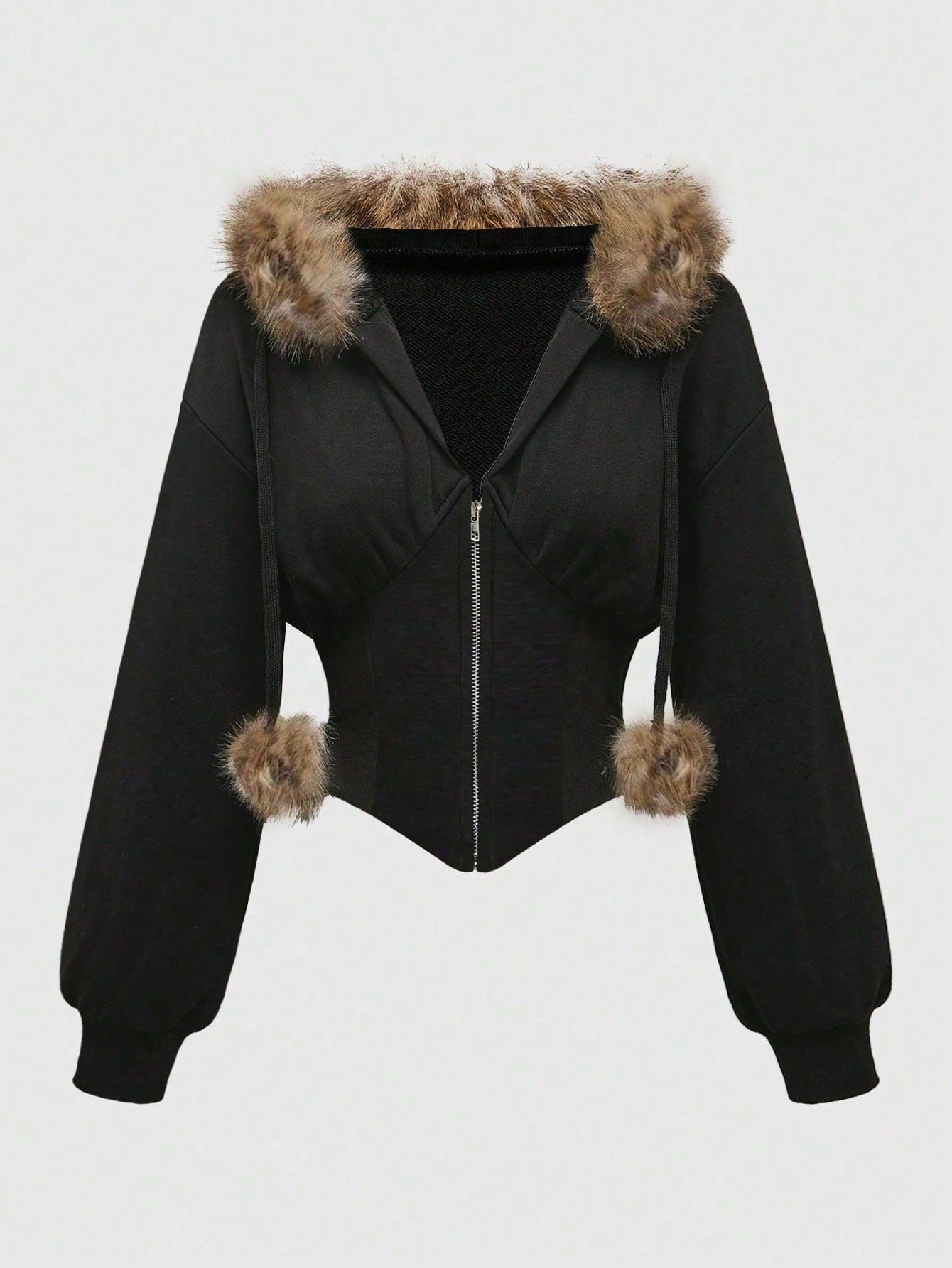 JoyPoem Womens Fur Hoodie Zip Up Sweatshirt Hooded Lightweight Faux Fur Jacket Cropped Hoodies Cinched Waist - Image 5