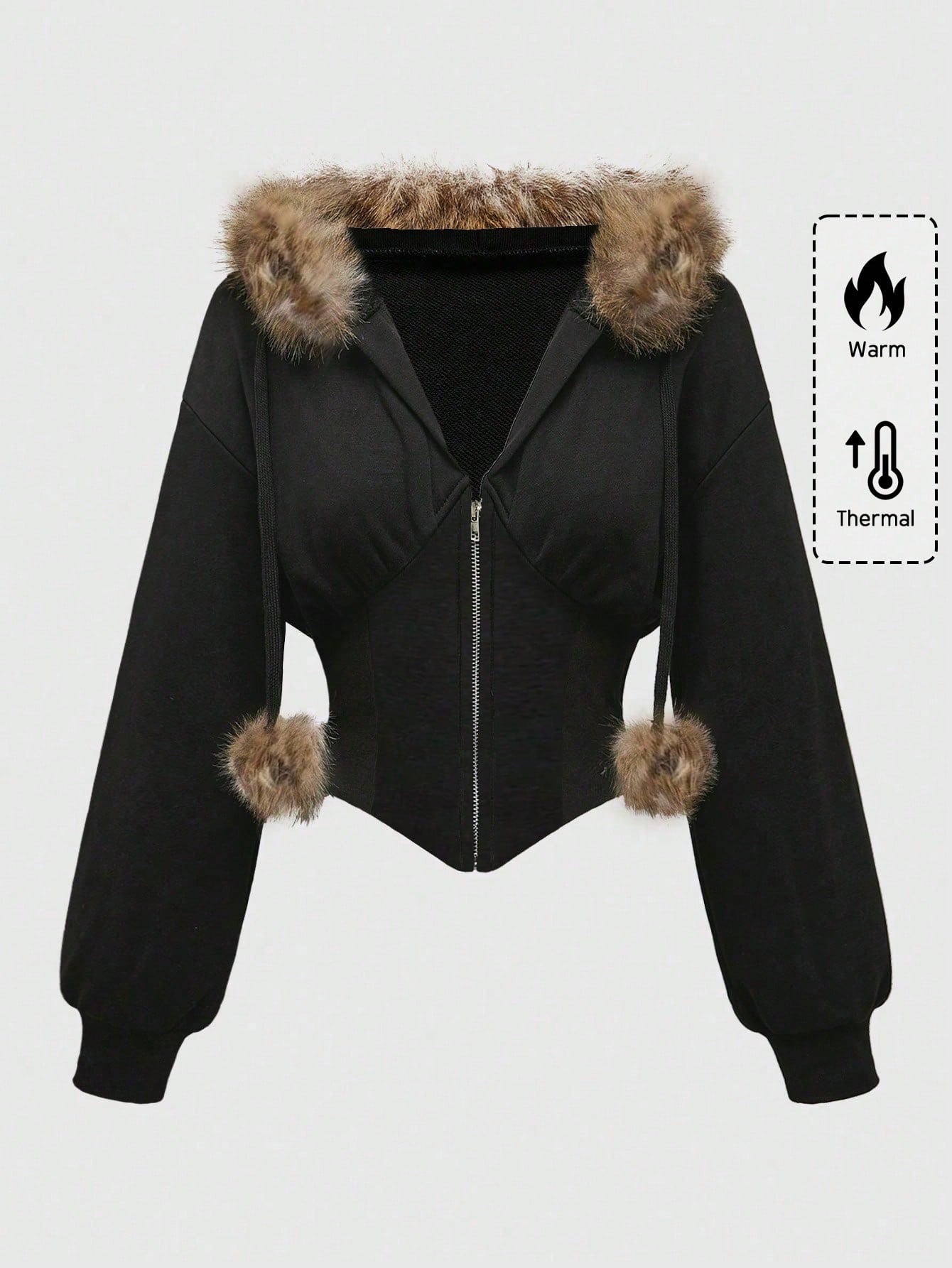 JoyPoem Womens Fur Hoodie Zip Up Sweatshirt Hooded Lightweight Faux Fur Jacket Cropped Hoodies Cinched Waist