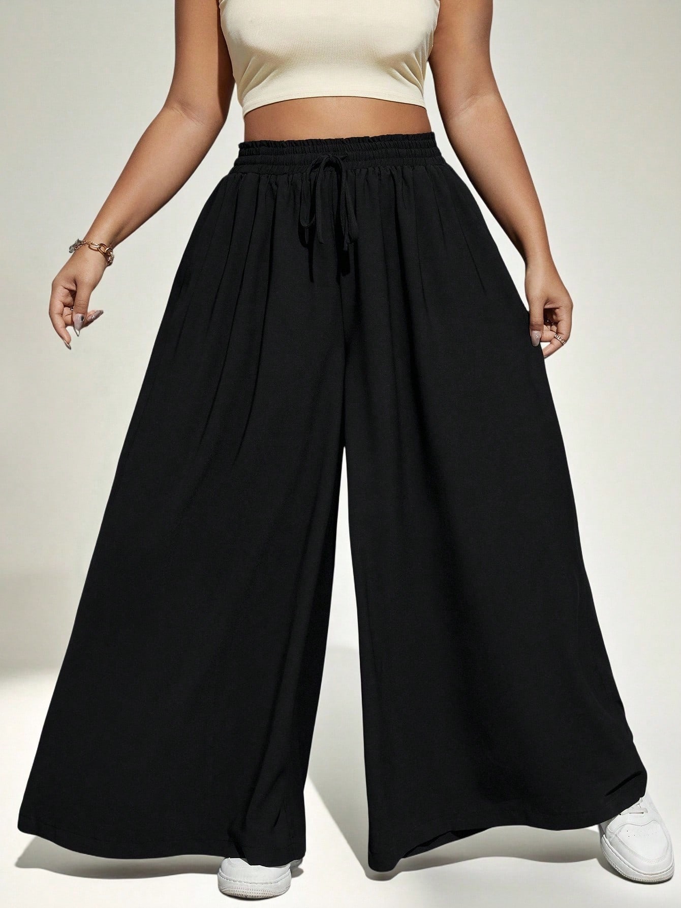 JoyPoem Women's Plus Size Wide Leg Pants Drawstring High Rise Baggy Travel Pants with Pocket - Image 3