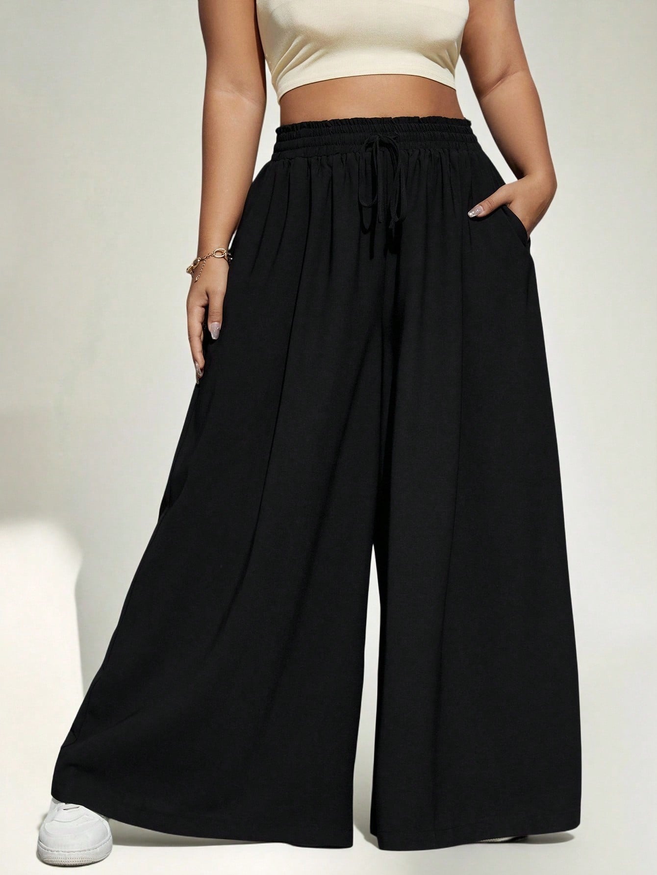 JoyPoem Women's Plus Size Wide Leg Pants Drawstring High Rise Baggy Travel Pants with Pocket - Image 4