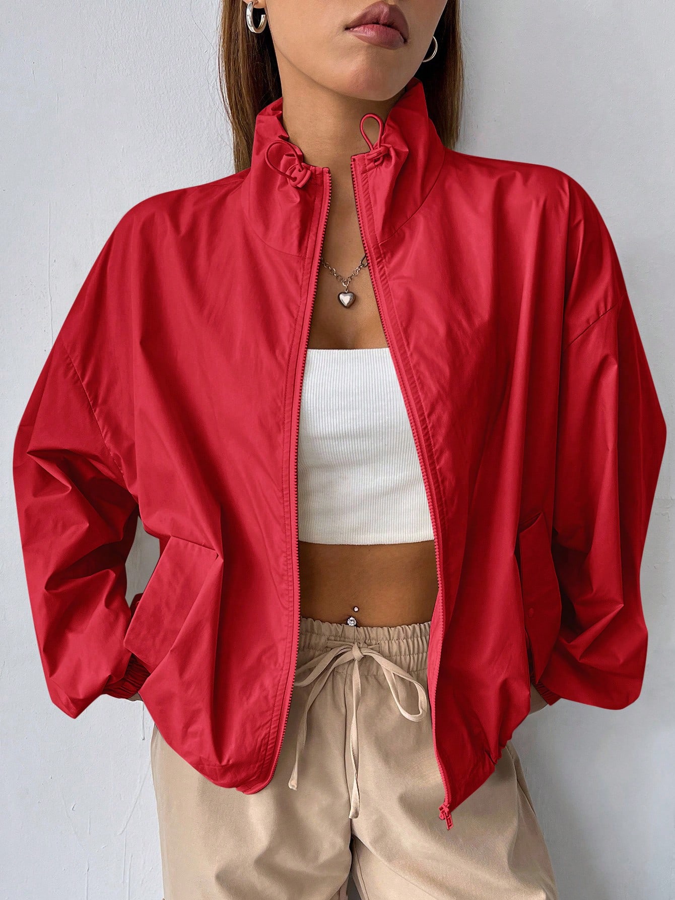 JoyPoem Women's Lightweight Windbreaker Jacket Zip Up Drawstring Drop Shoulder Casual Jacket Outerwear Waterproof